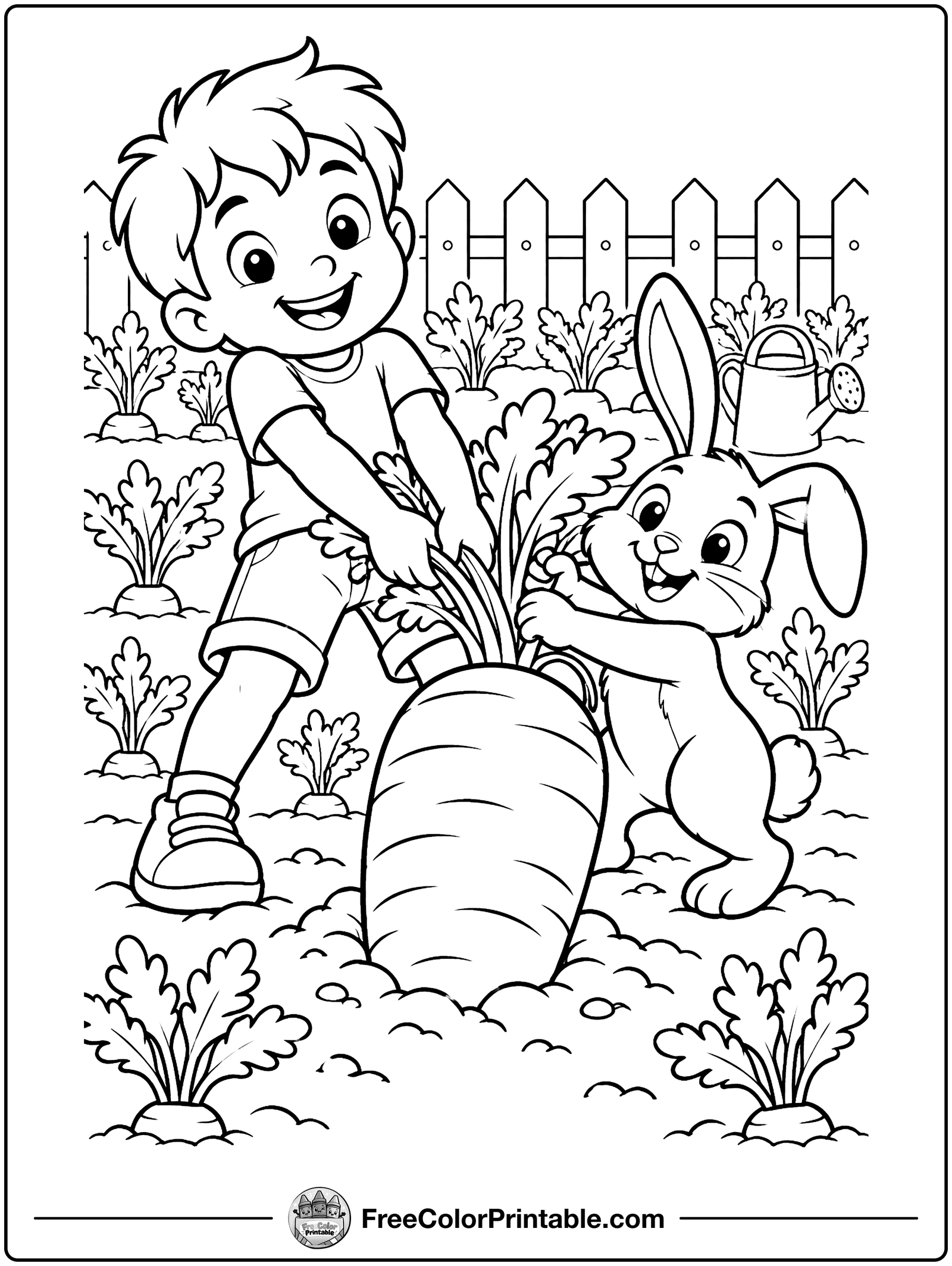 Boy and Bunny Pulling Carrots Coloring Page — free color printable