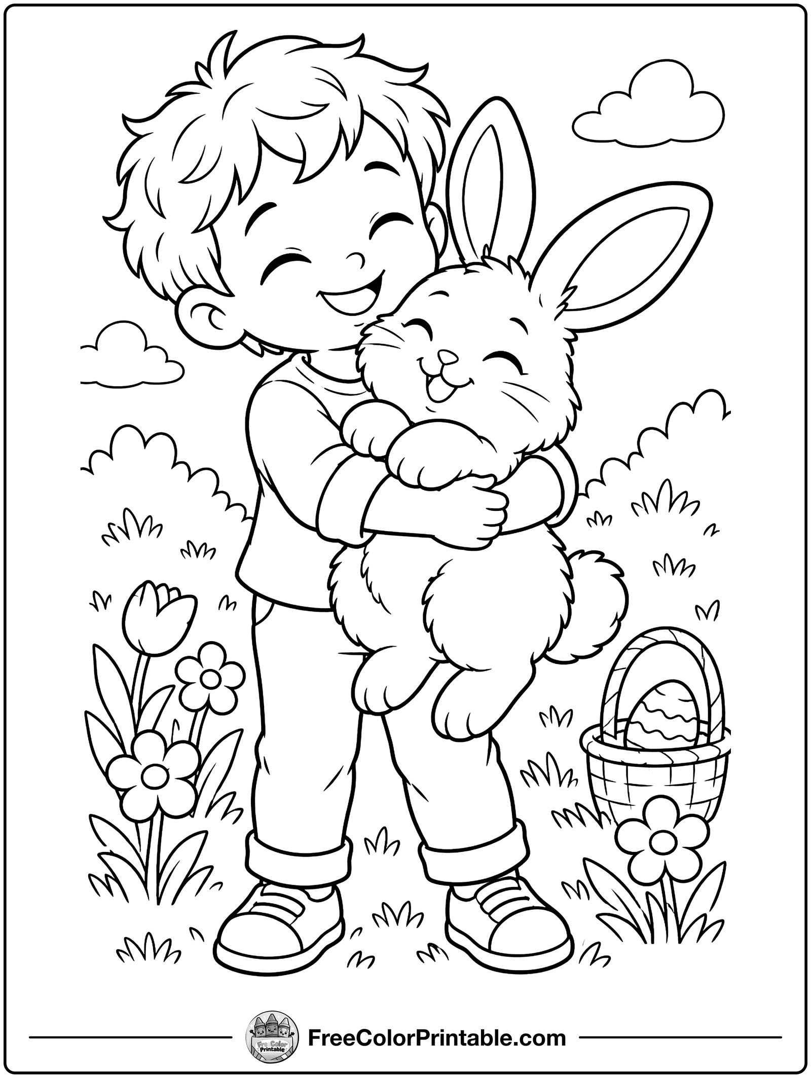 Boy Hugging a Fluffy Bunny Coloring Page — free color printable