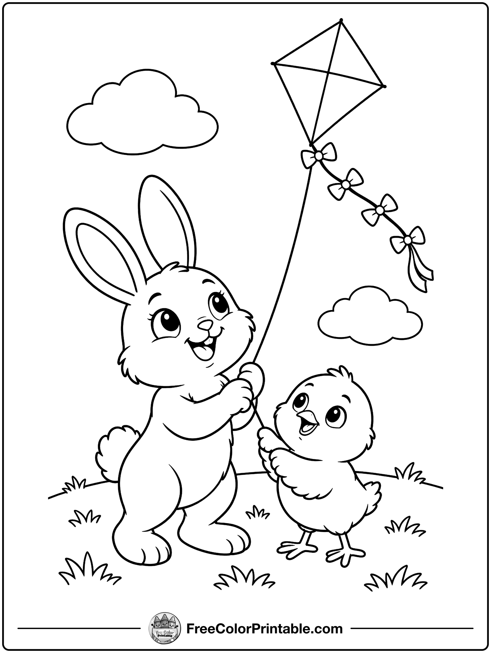 Bunny and Chick Flying a Kite Coloring Page — free color printable
