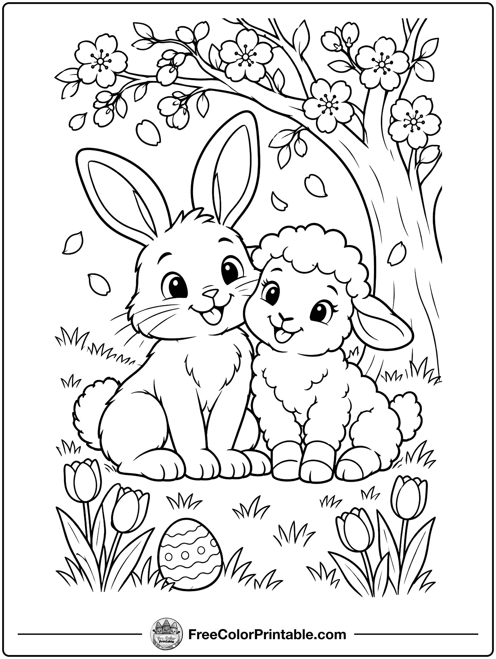 Bunny and Lamb Best Friends Coloring Page — free color printable