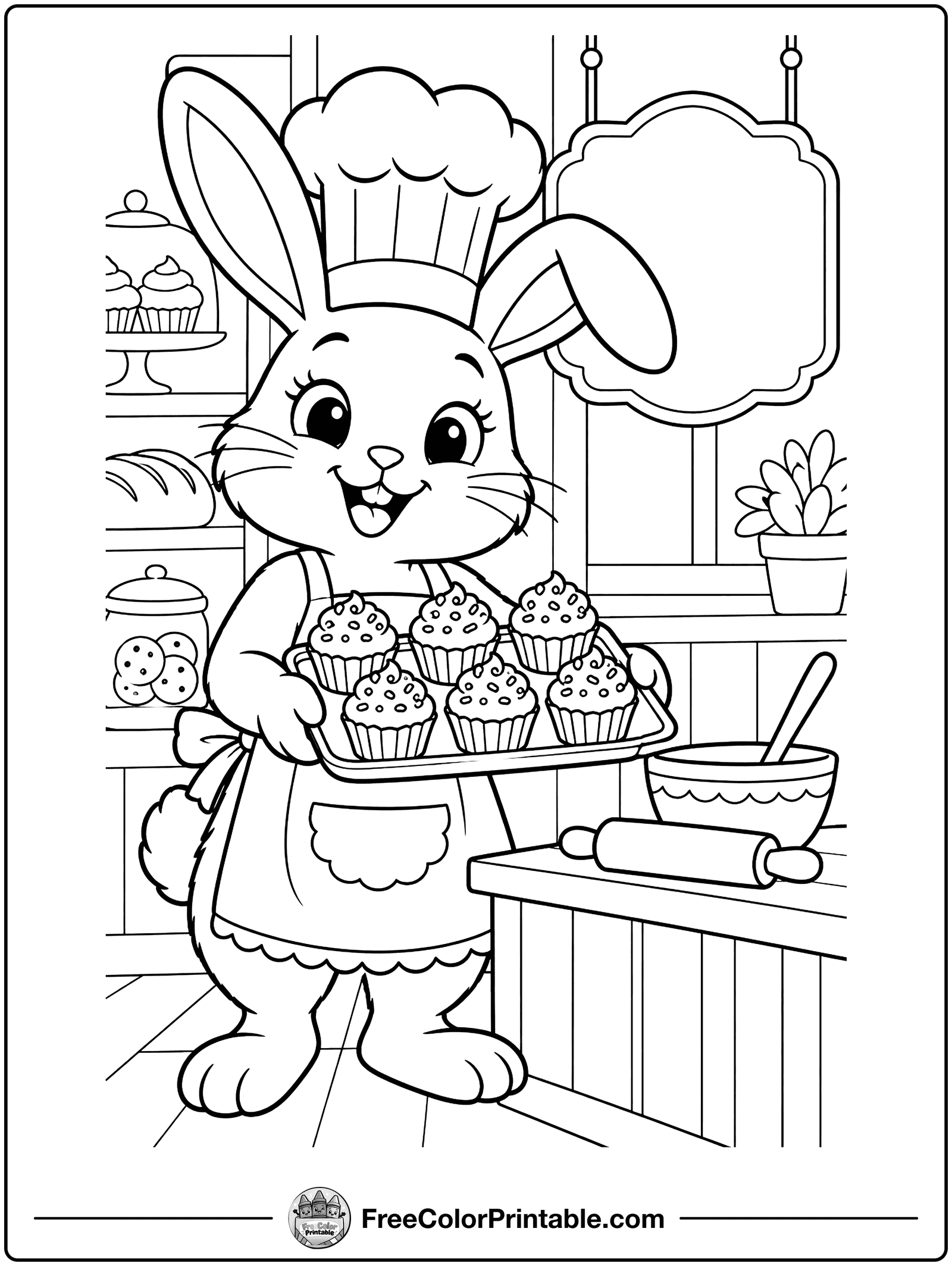Bunny Baker with Cupcakes Coloring Page — free color printable