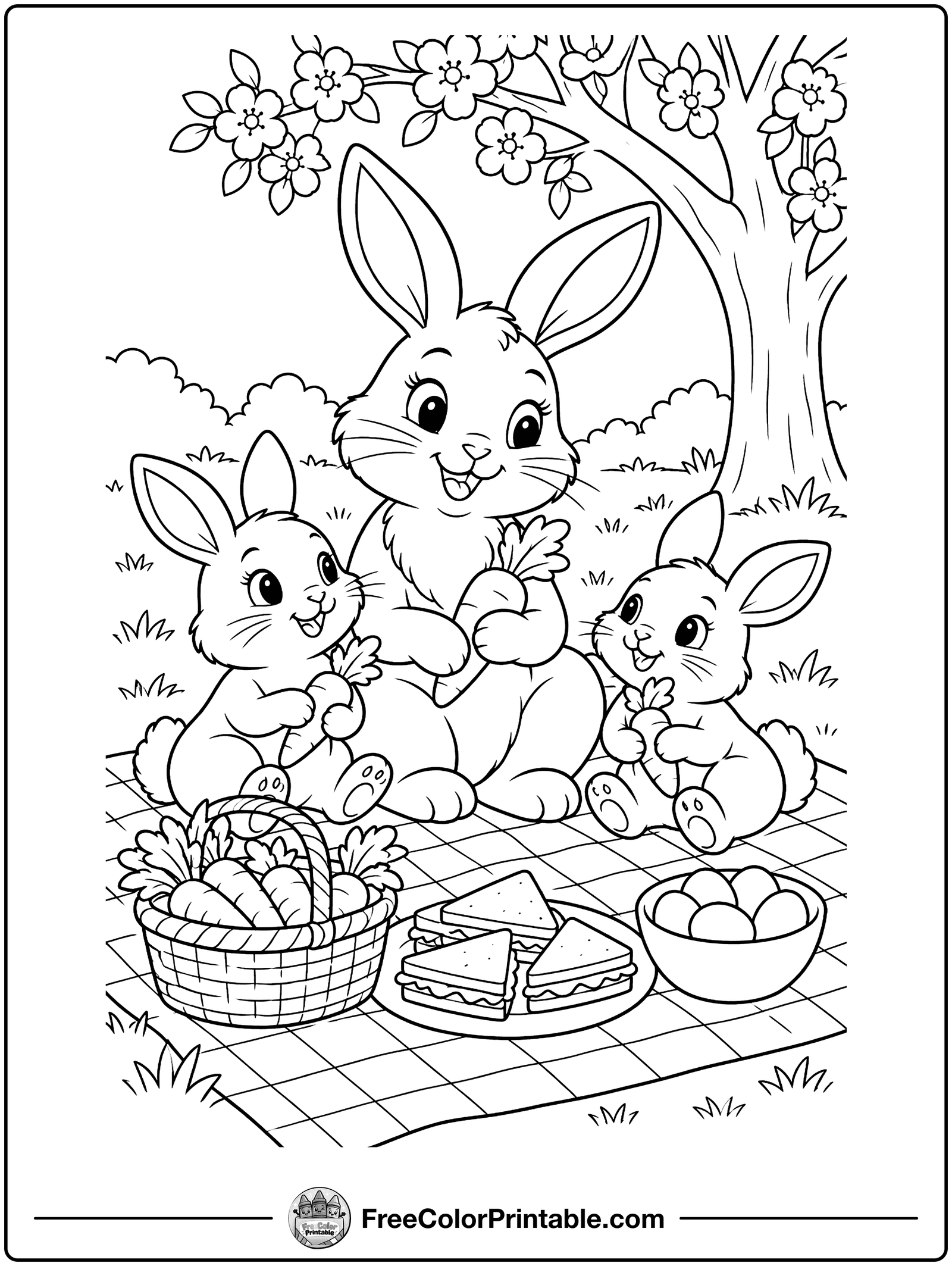 Bunny Family Picnic Coloring Page — free color printable