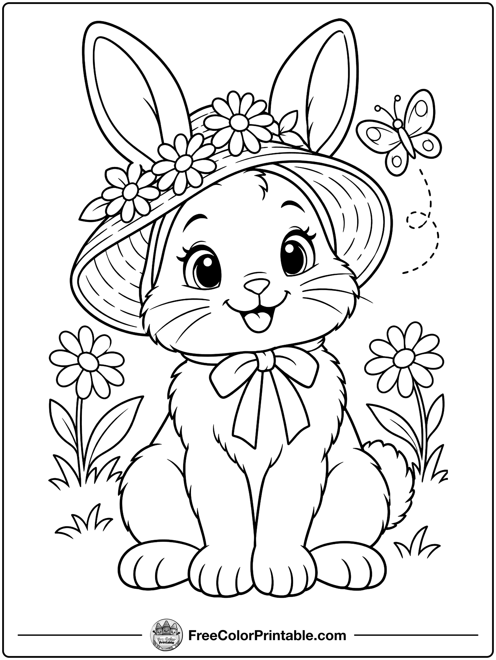 Bunny in a Flower Bonnet Coloring Page — free color printable