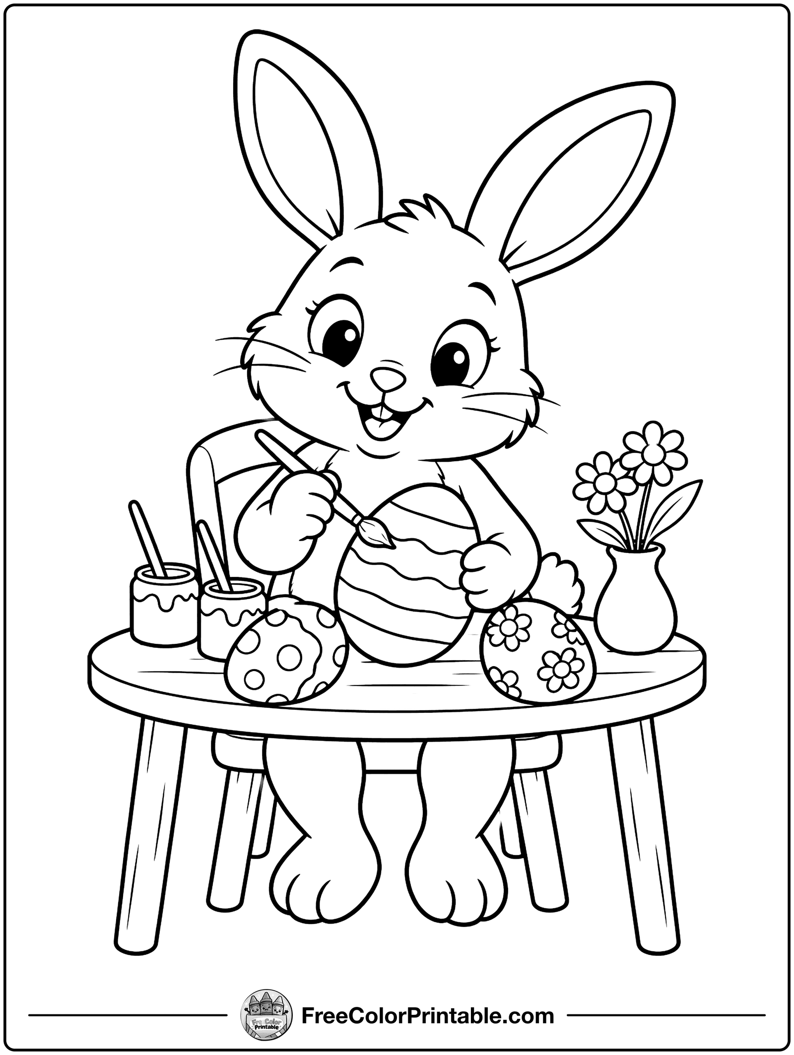 Bunny Painting Easter Eggs Coloring Page — free color printable