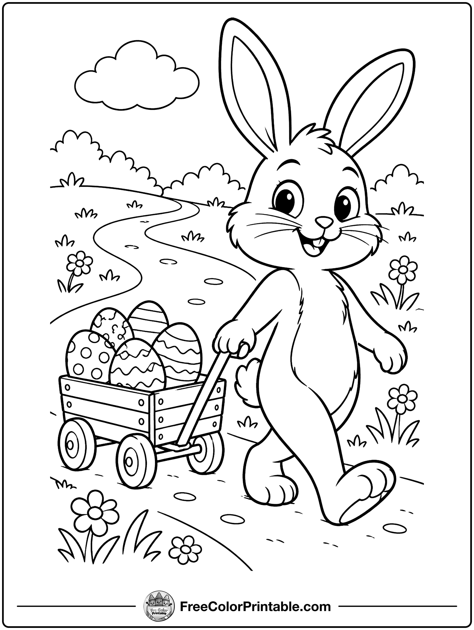 Bunny Pulling an Egg Wagon Coloring Page — free color printable