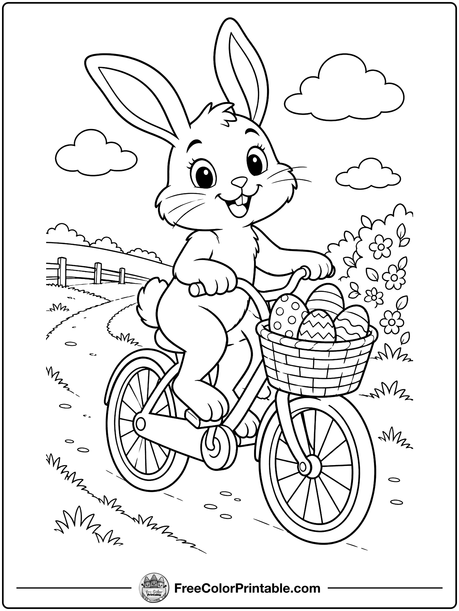 Bunny Riding a Bicycle Coloring Page — free color printable