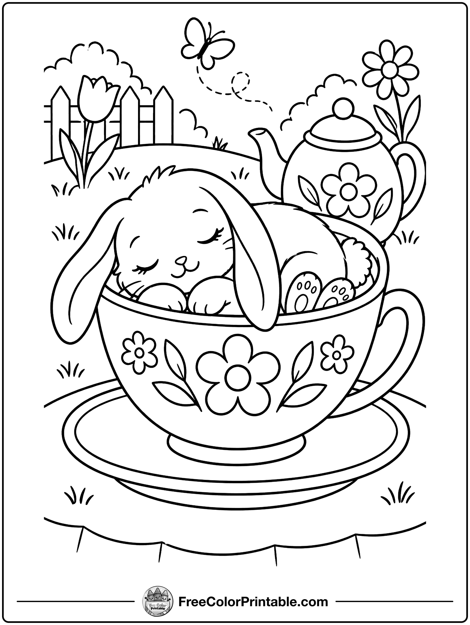 Bunny Sleeping in a Teacup Coloring Page — free color printable