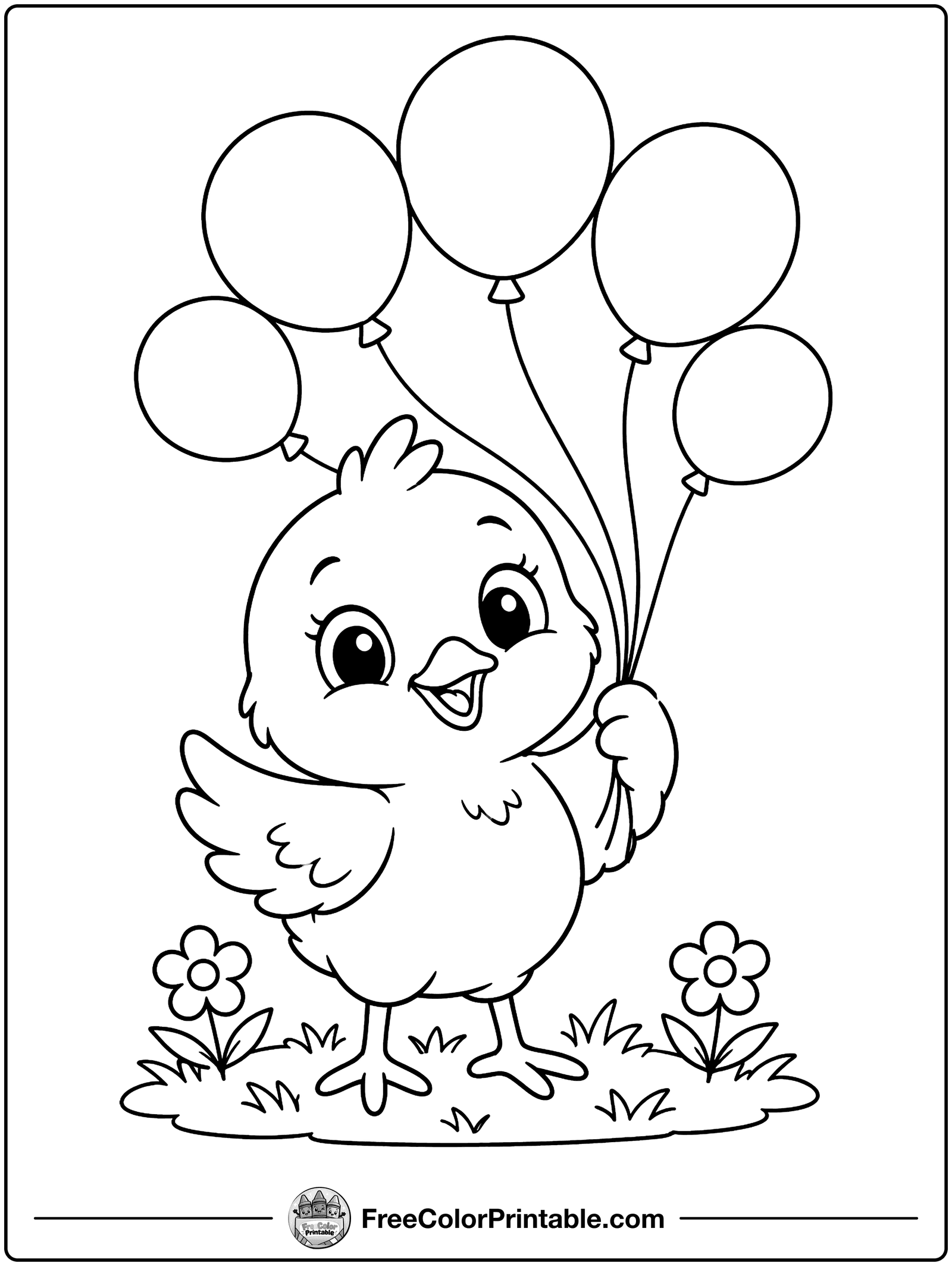 Chick Holding Balloons Coloring Page — free color printable