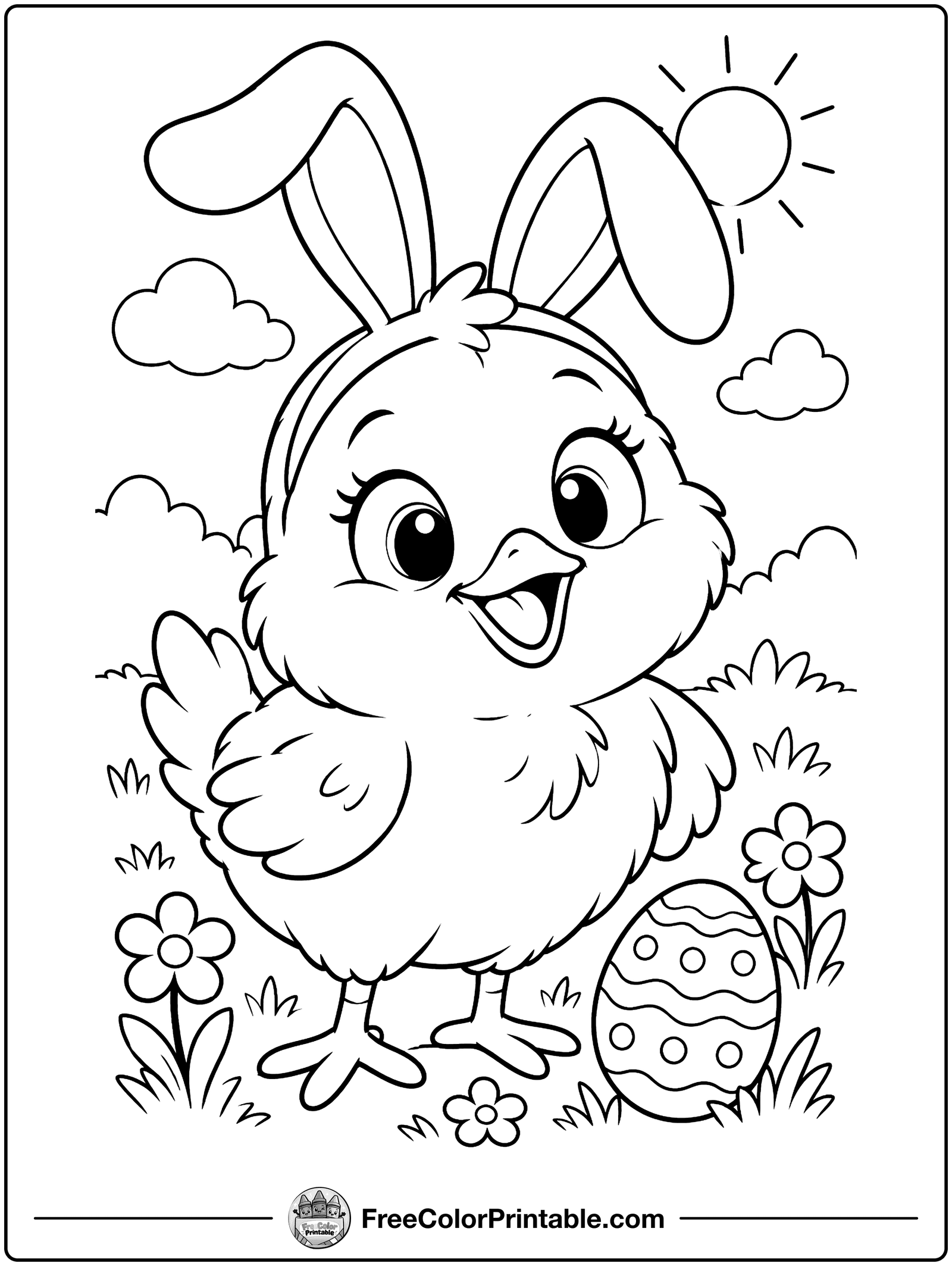 Chick in Bunny Ears Coloring Page — free color printable
