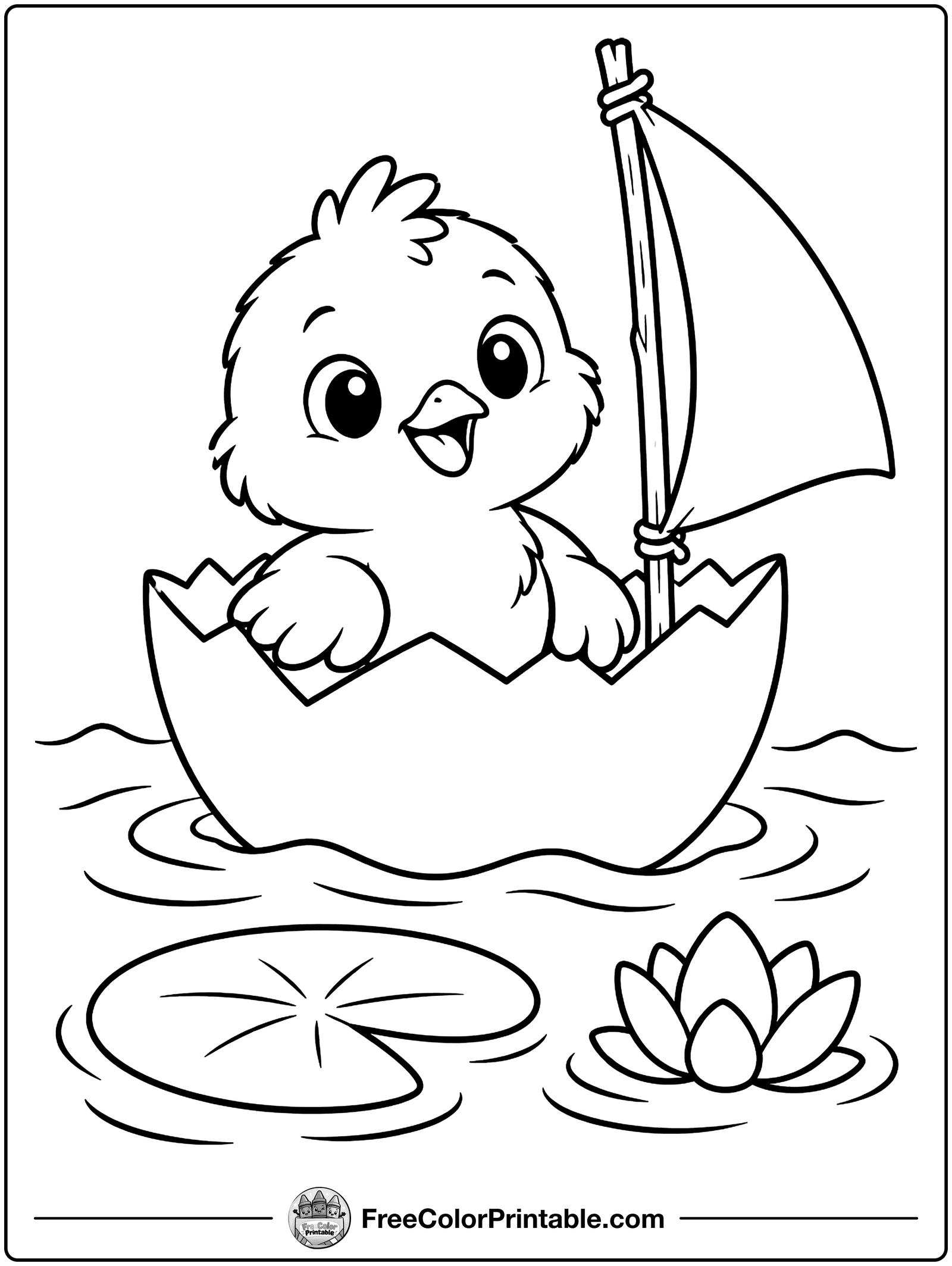 Chick Sailing an Eggshell Boat Coloring Page — free color printable