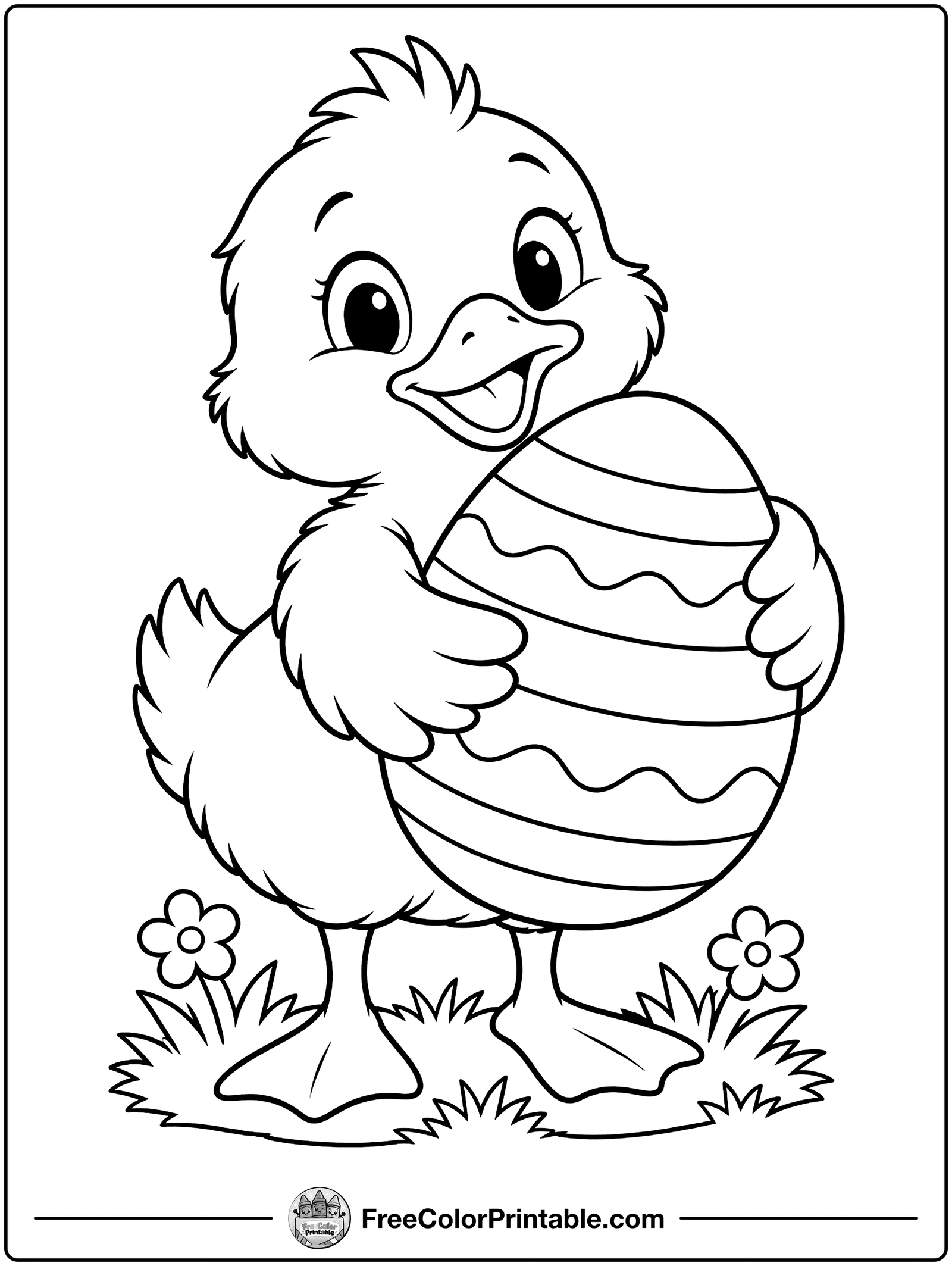Duckling Hugging a Big Egg Coloring Page — free color printable