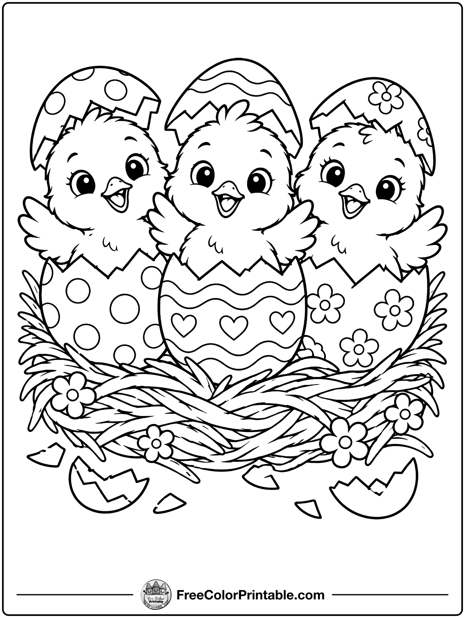Easter Chicks Hatching Coloring Page — free color printable
