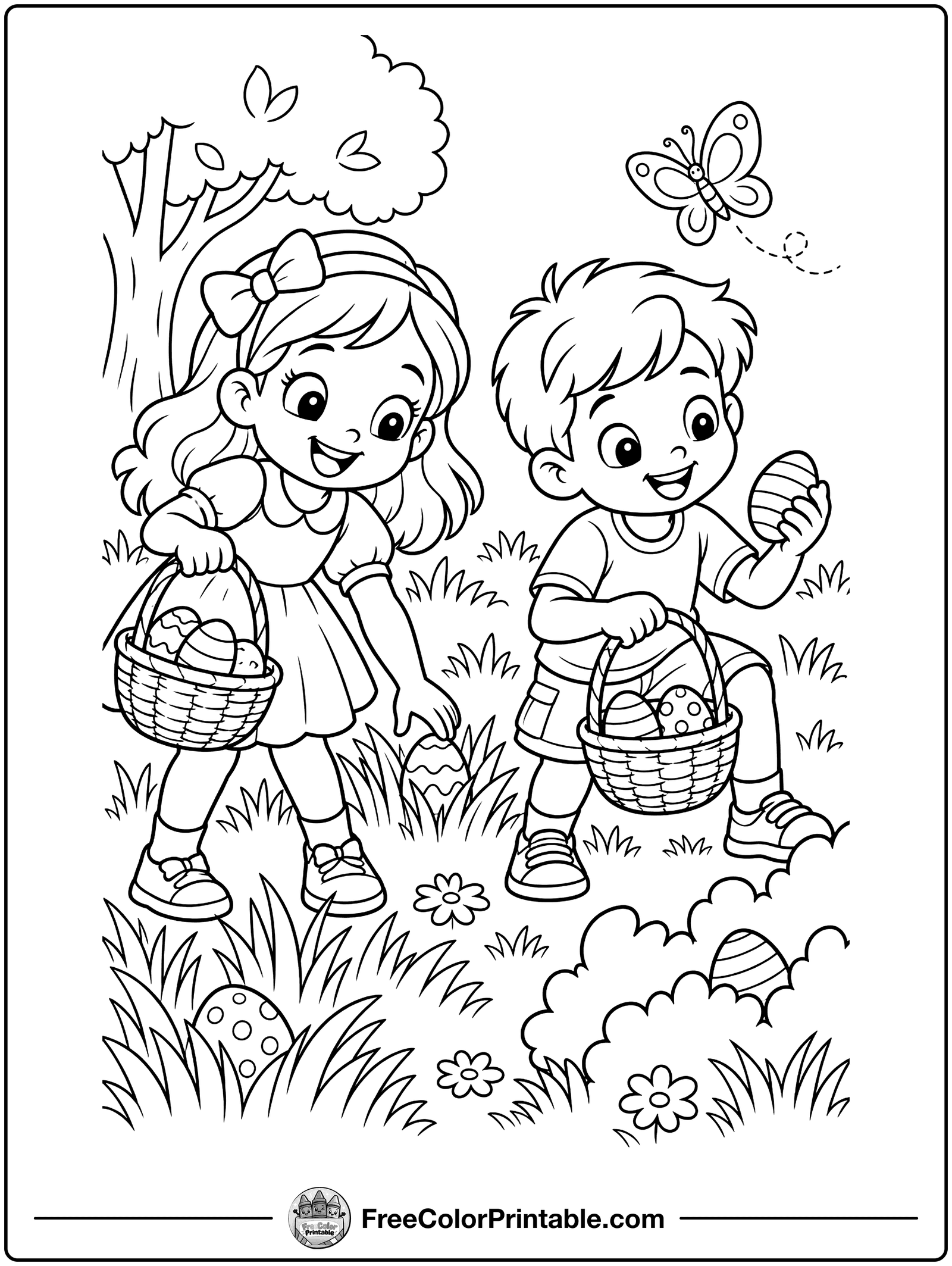 Kids on an Easter Egg Hunt Coloring Page — free color printable