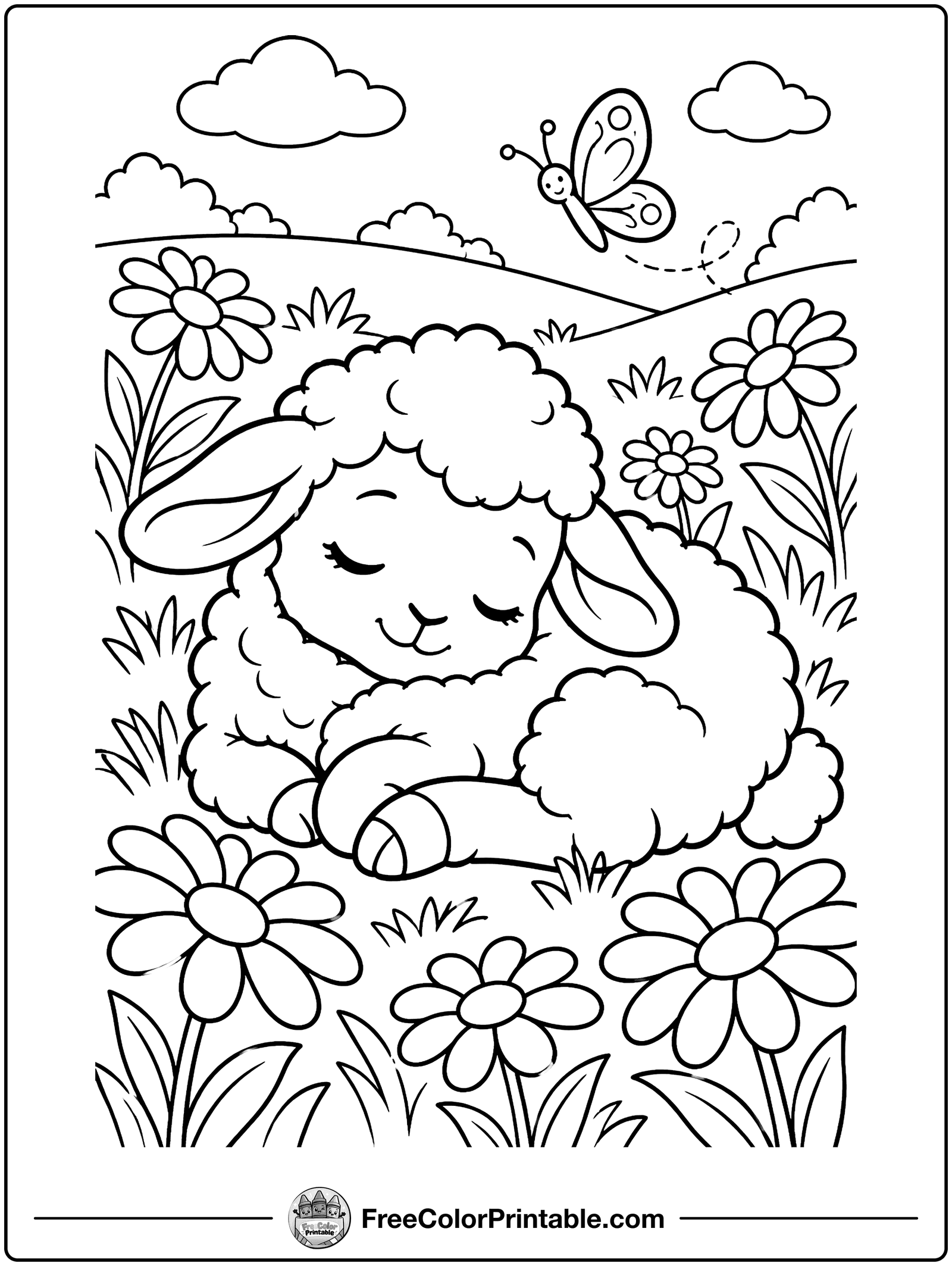 Lamb Napping in Daisies Coloring Page — free color printable