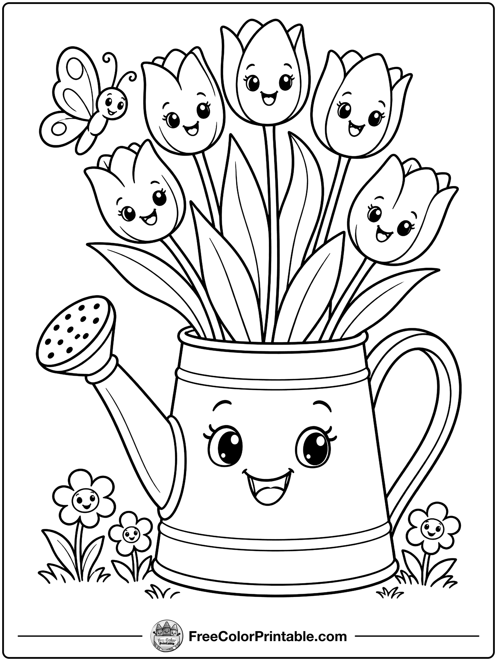 Spring Tulips in a Watering Can Coloring Page — free color printable