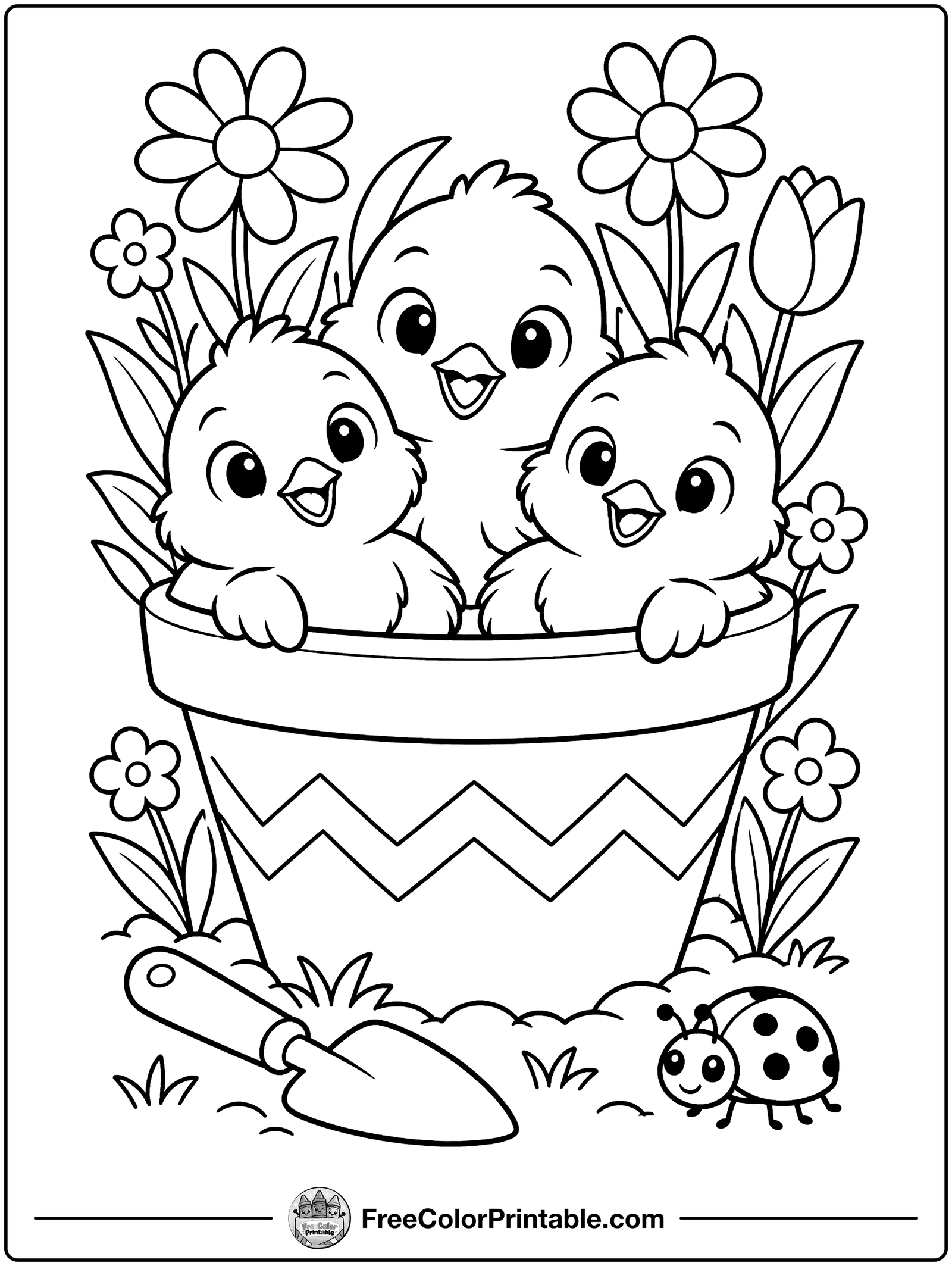 Three Chicks in a Flowerpot Coloring Page — free color printable
