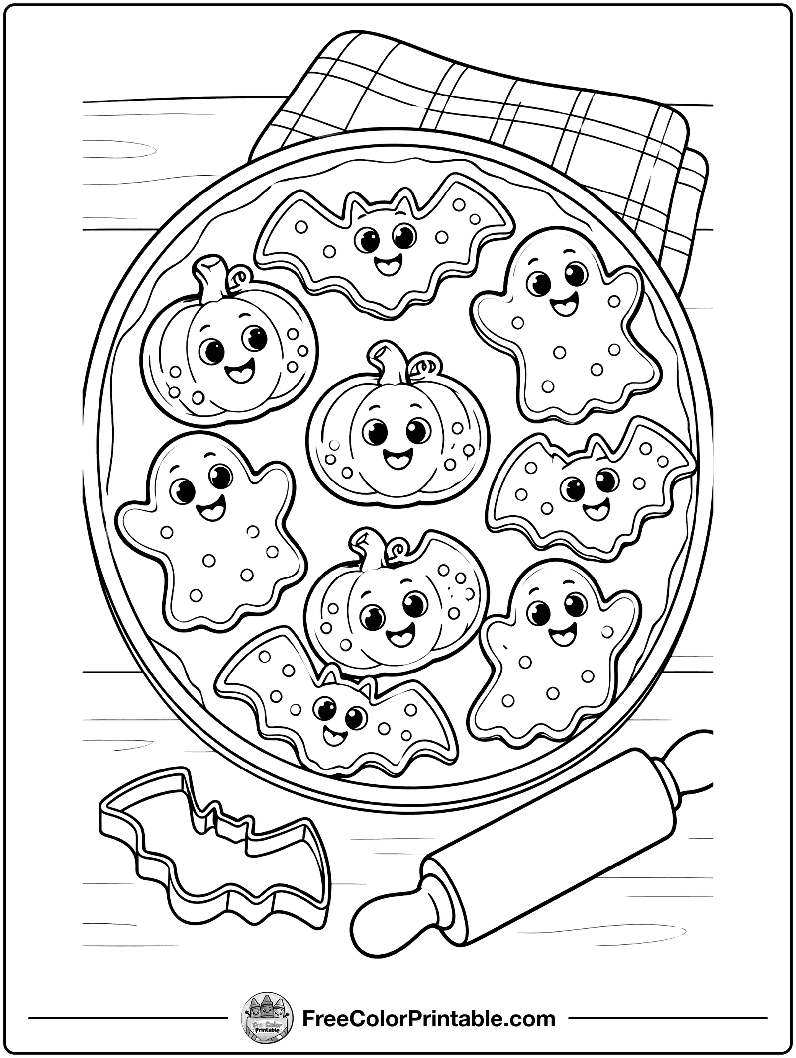 Bat and Pumpkin Cookies Coloring Page — free color printable