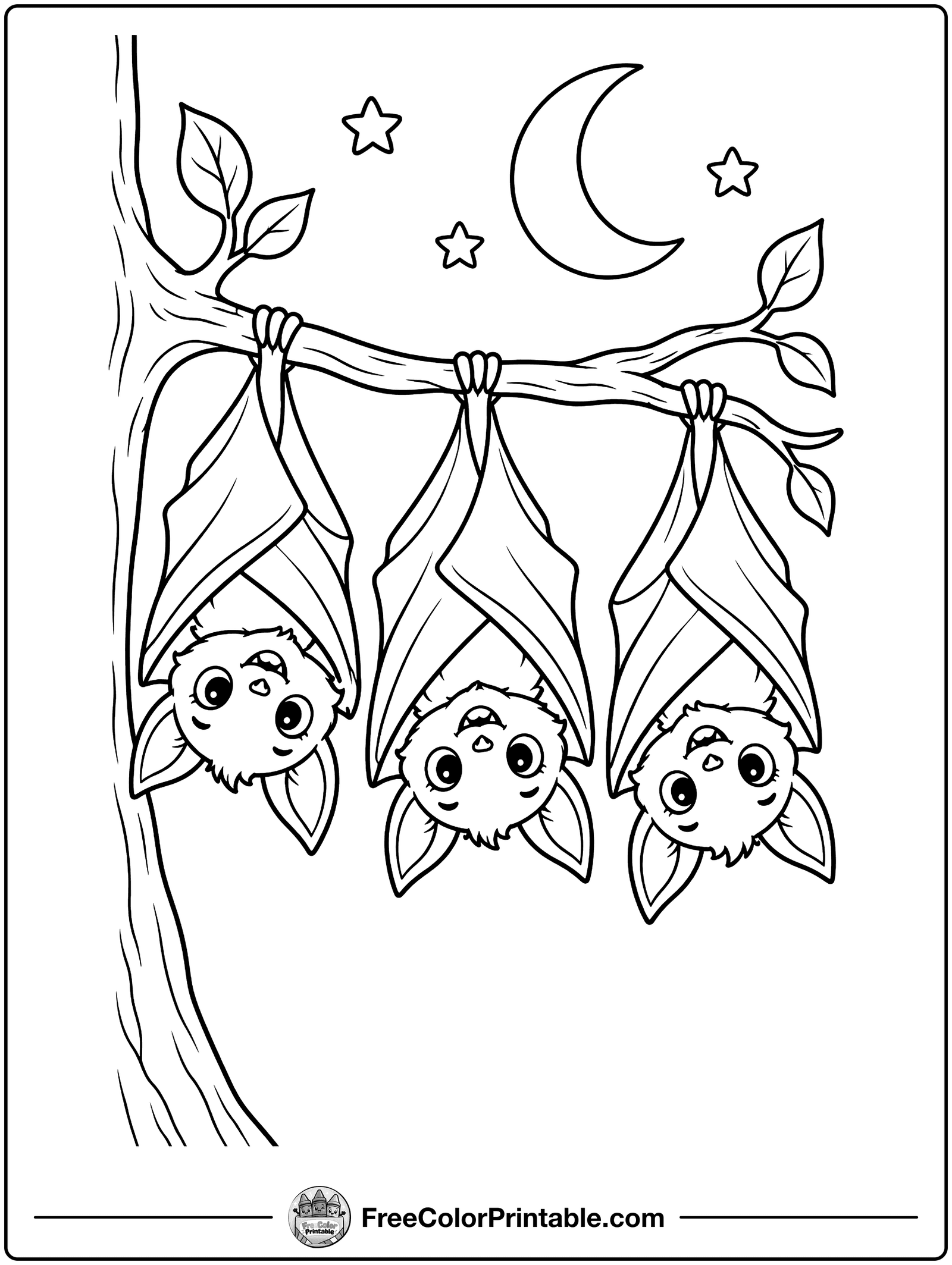 Bats Hanging from a Branch Coloring Page — free color printable