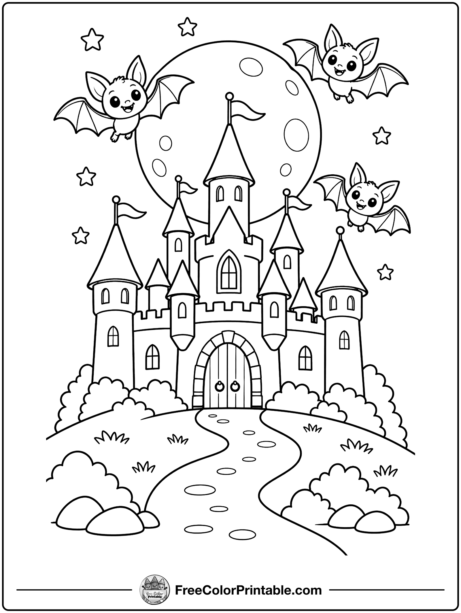 Bats over the Castle Coloring Page — free color printable