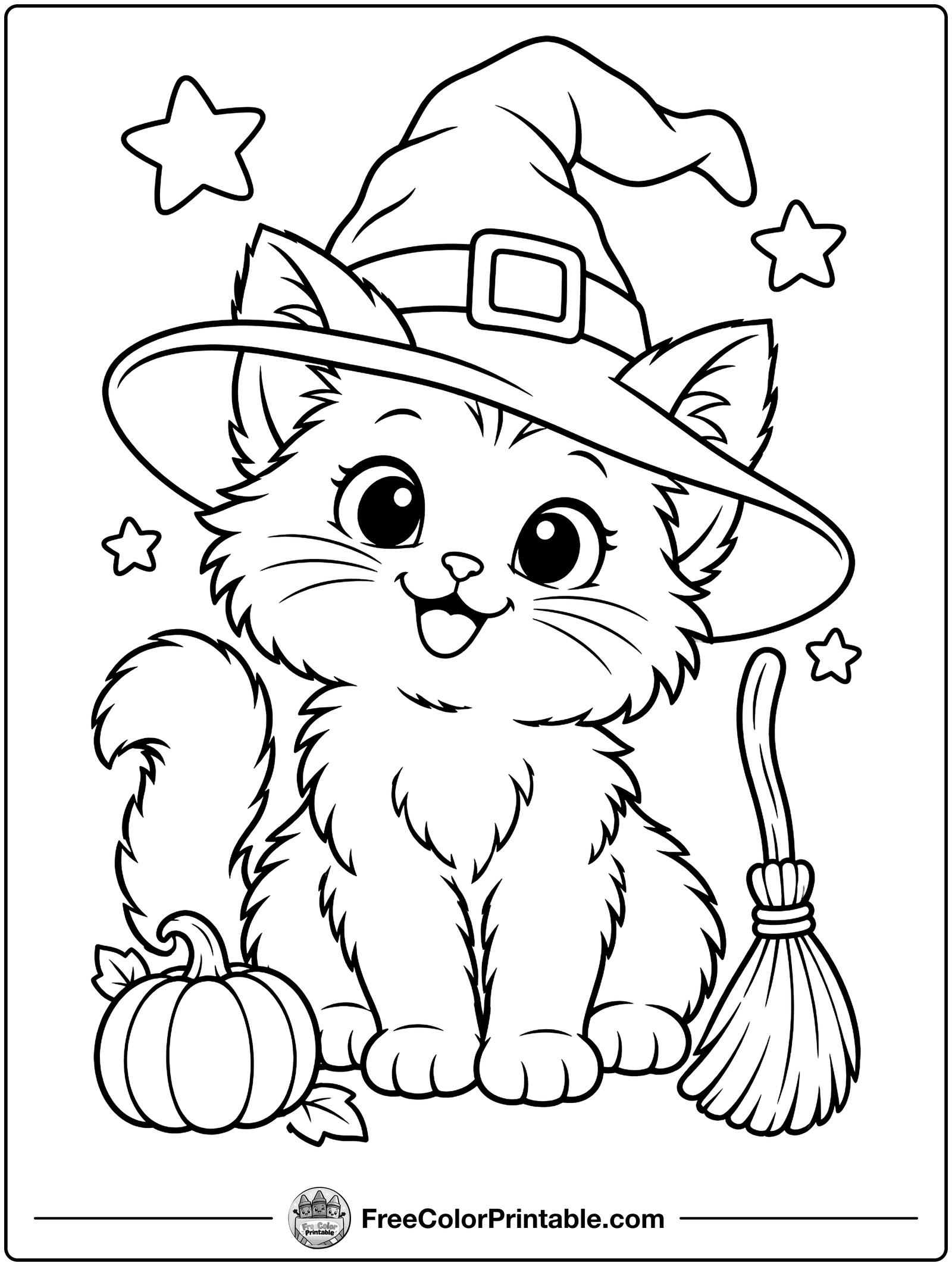 Kitten in a Witch Hat Coloring Page — free color printable