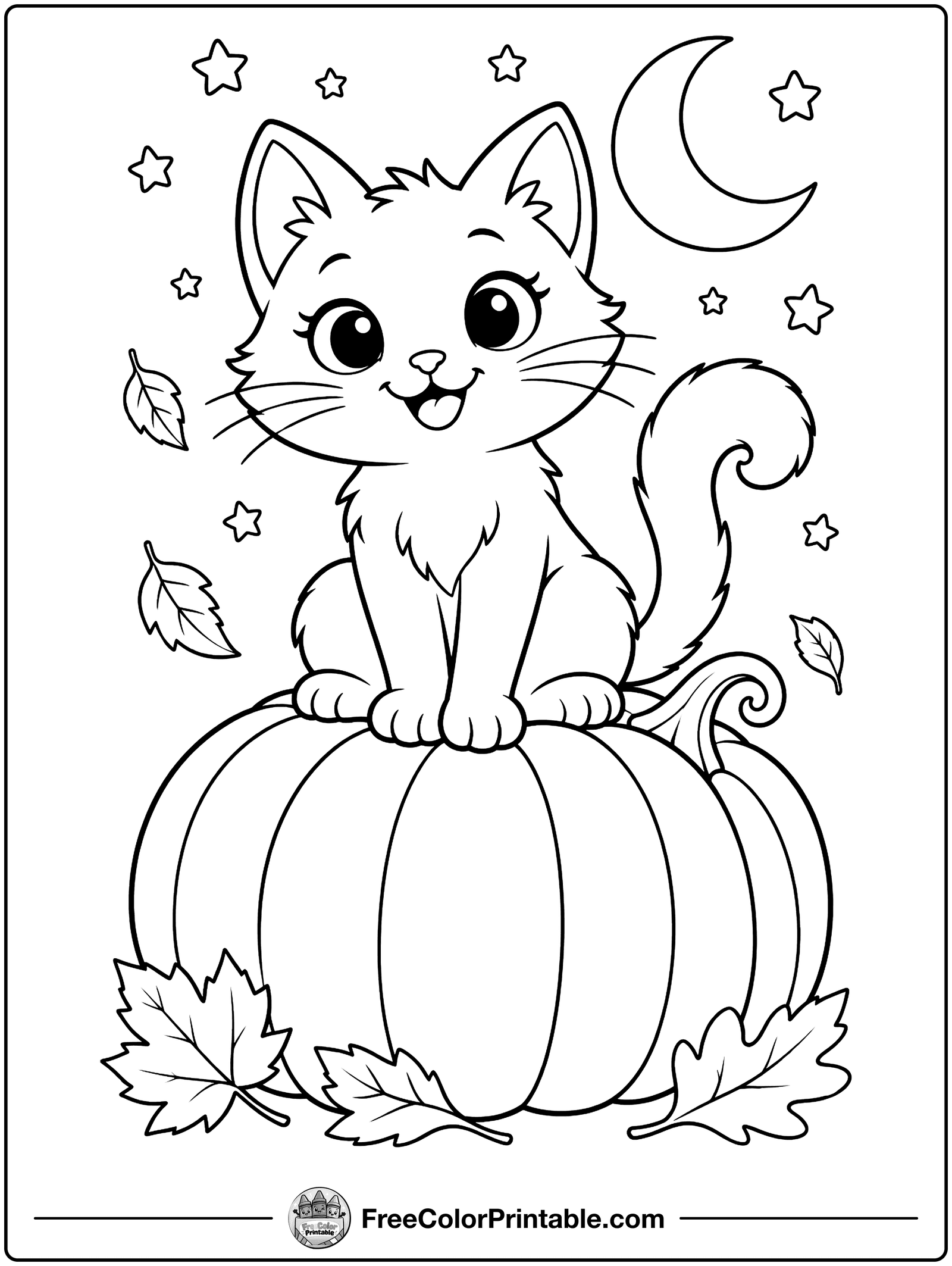 Cat on a Pumpkin Coloring Page — free color printable