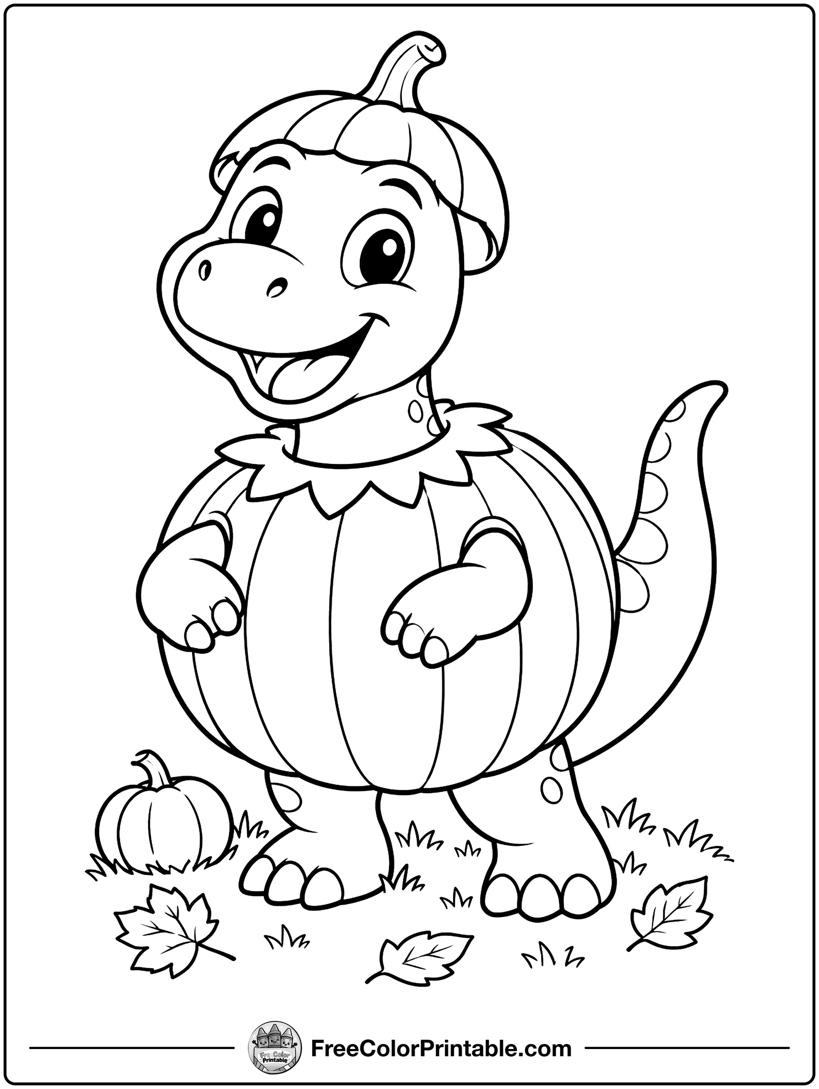 Dinosaur in a Pumpkin Costume Coloring Page — free color printable
