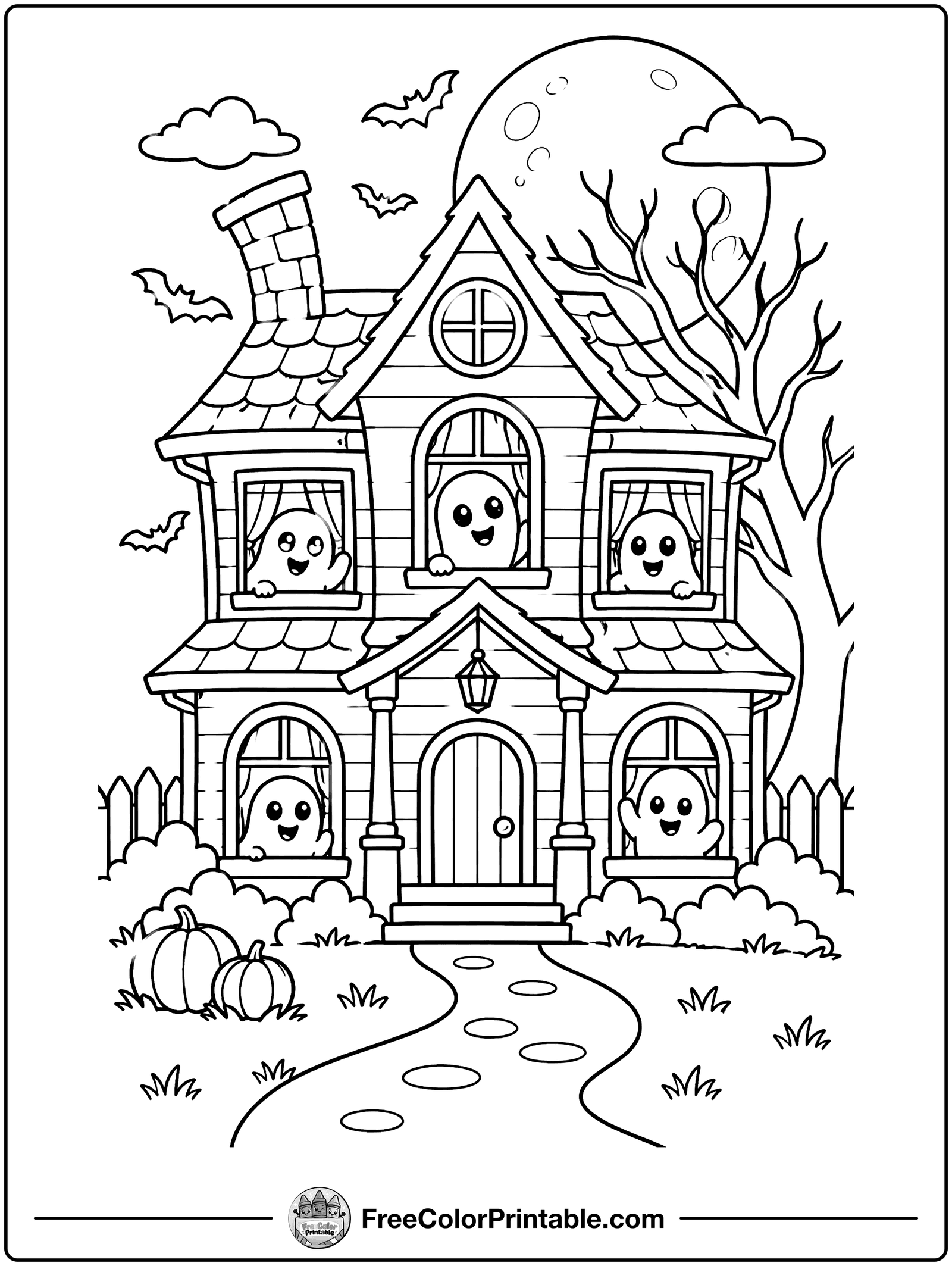 Friendly Haunted House Coloring Page — free color printable