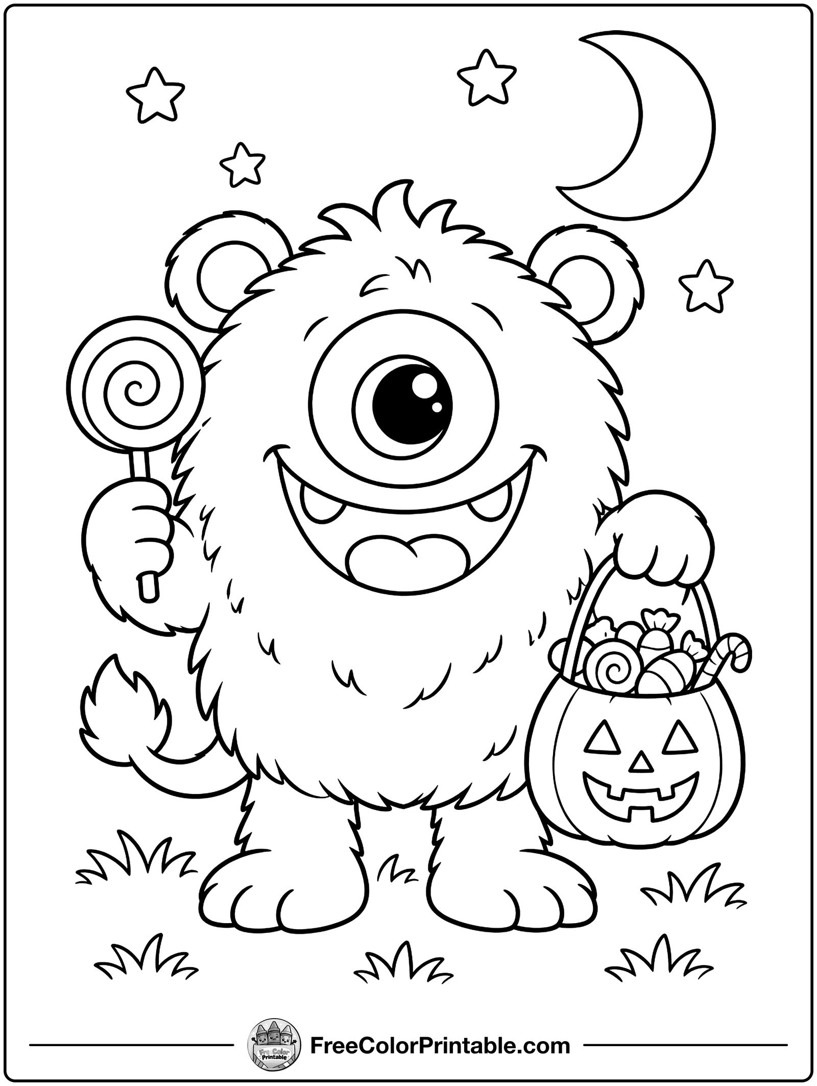 Friendly Monster with Candy Coloring Page — free color printable