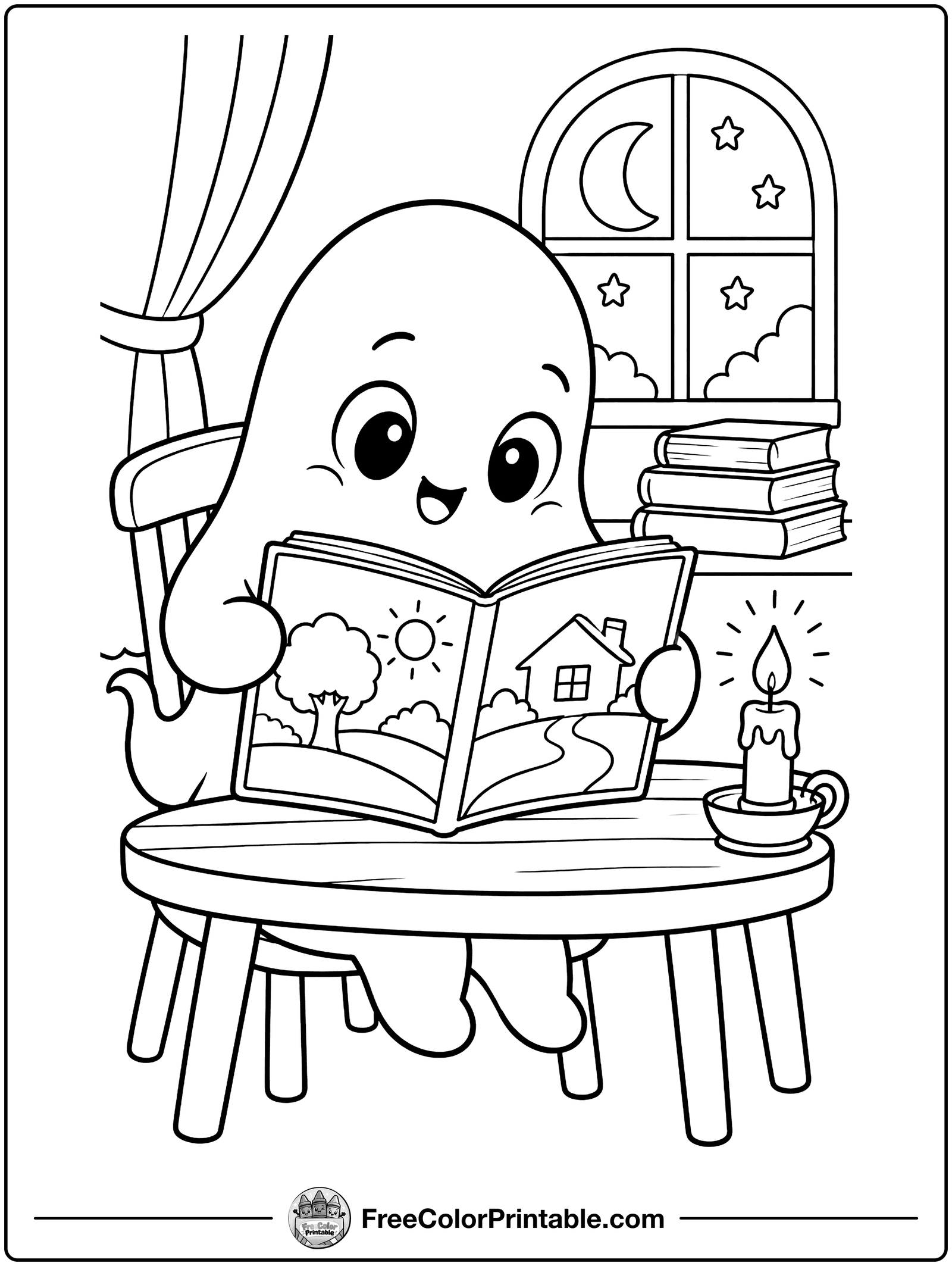 Ghost Reading a Book Coloring Page — free color printable