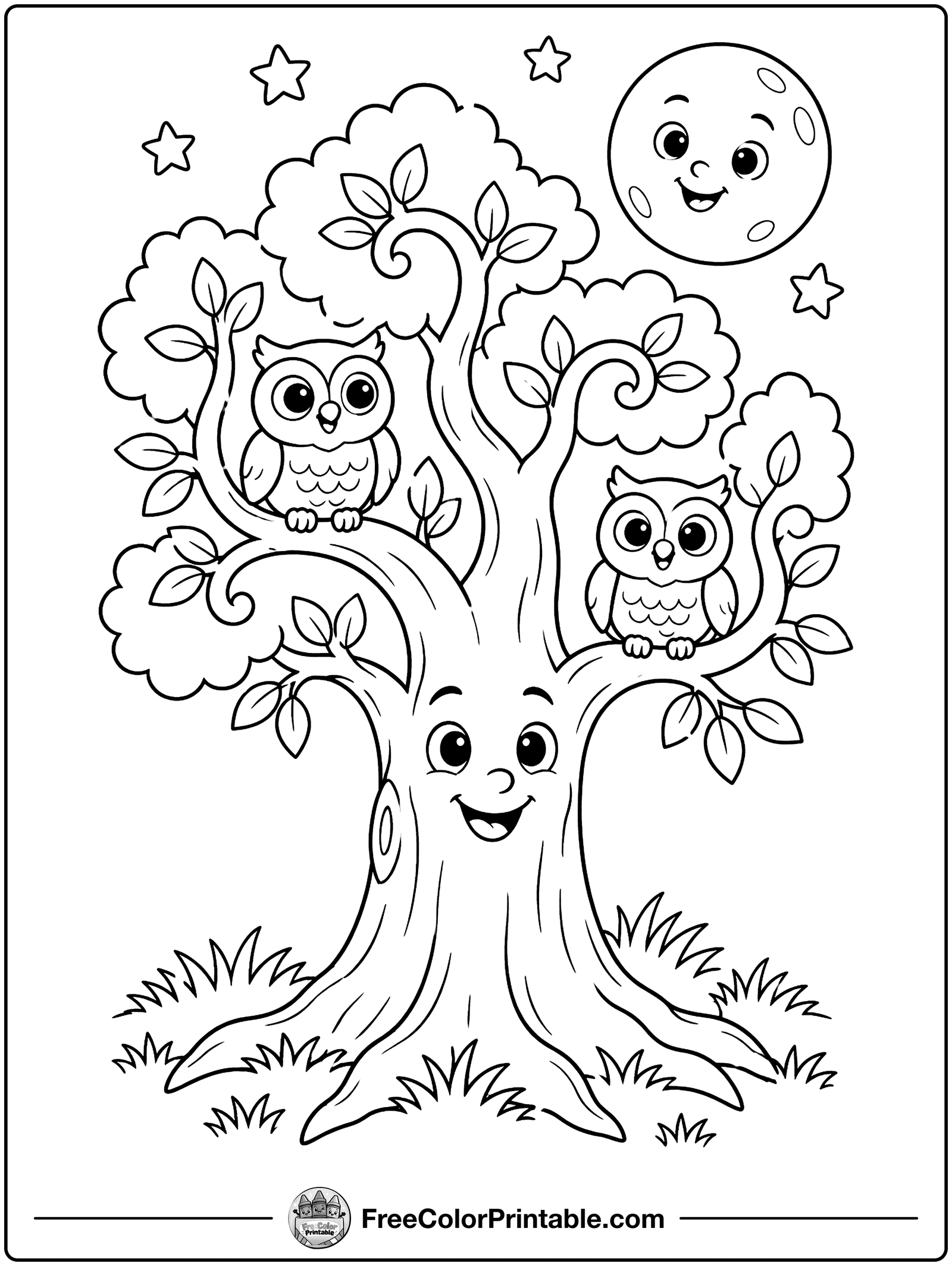 Twisty Tree with Owls Coloring Page — free color printable