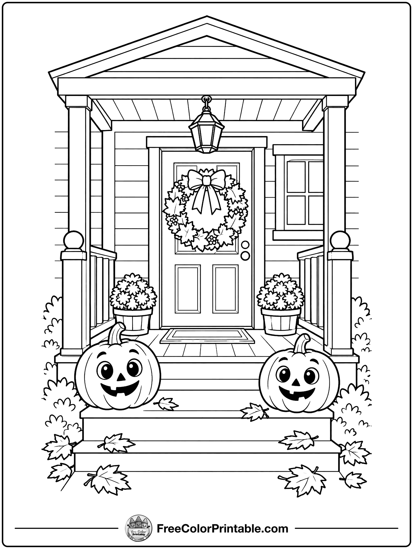 Porch with Jack-o'-Lanterns Coloring Page — free color printable