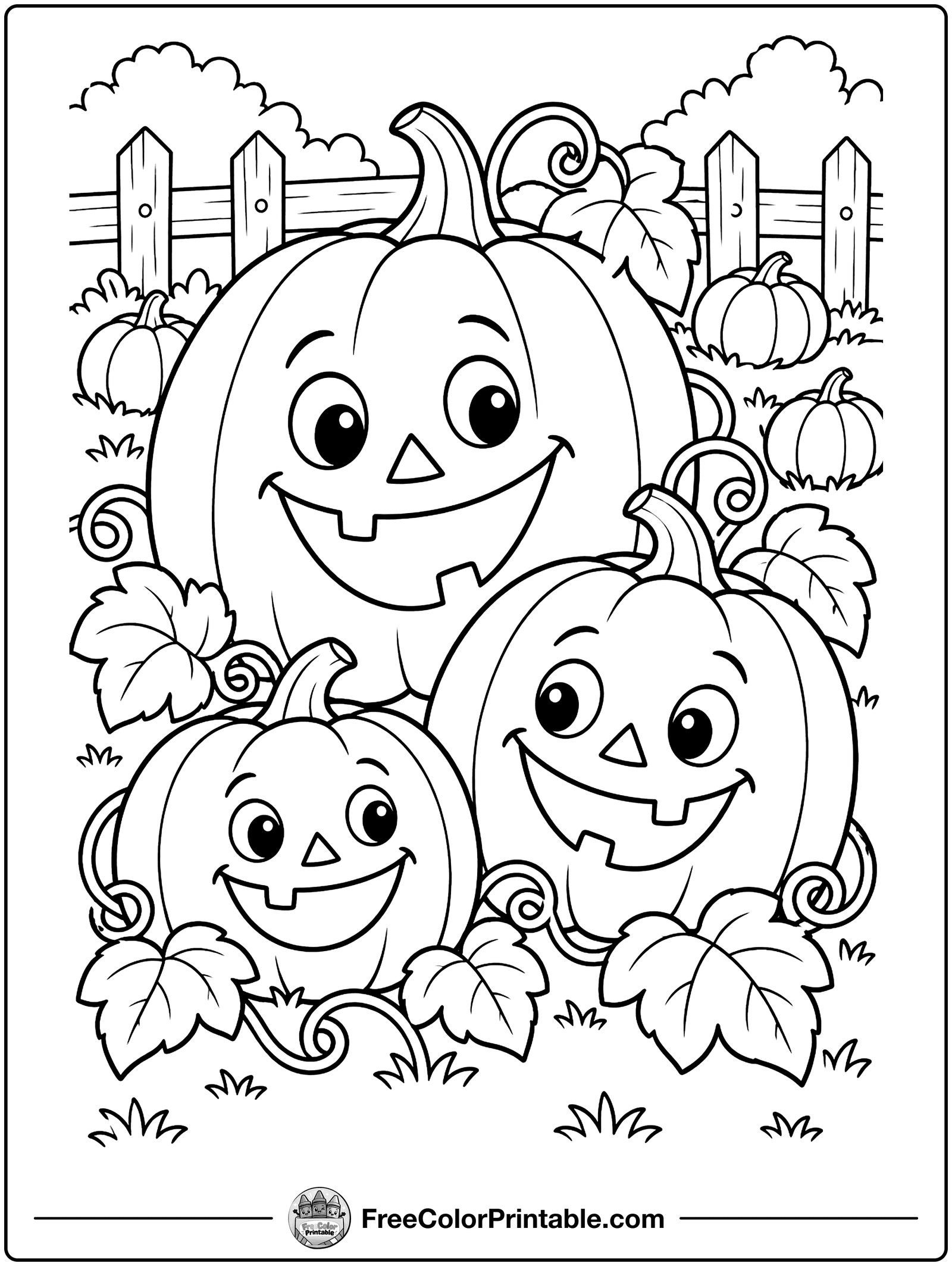 Jack-o'-Lanterns in the Patch Coloring Page — free color printable
