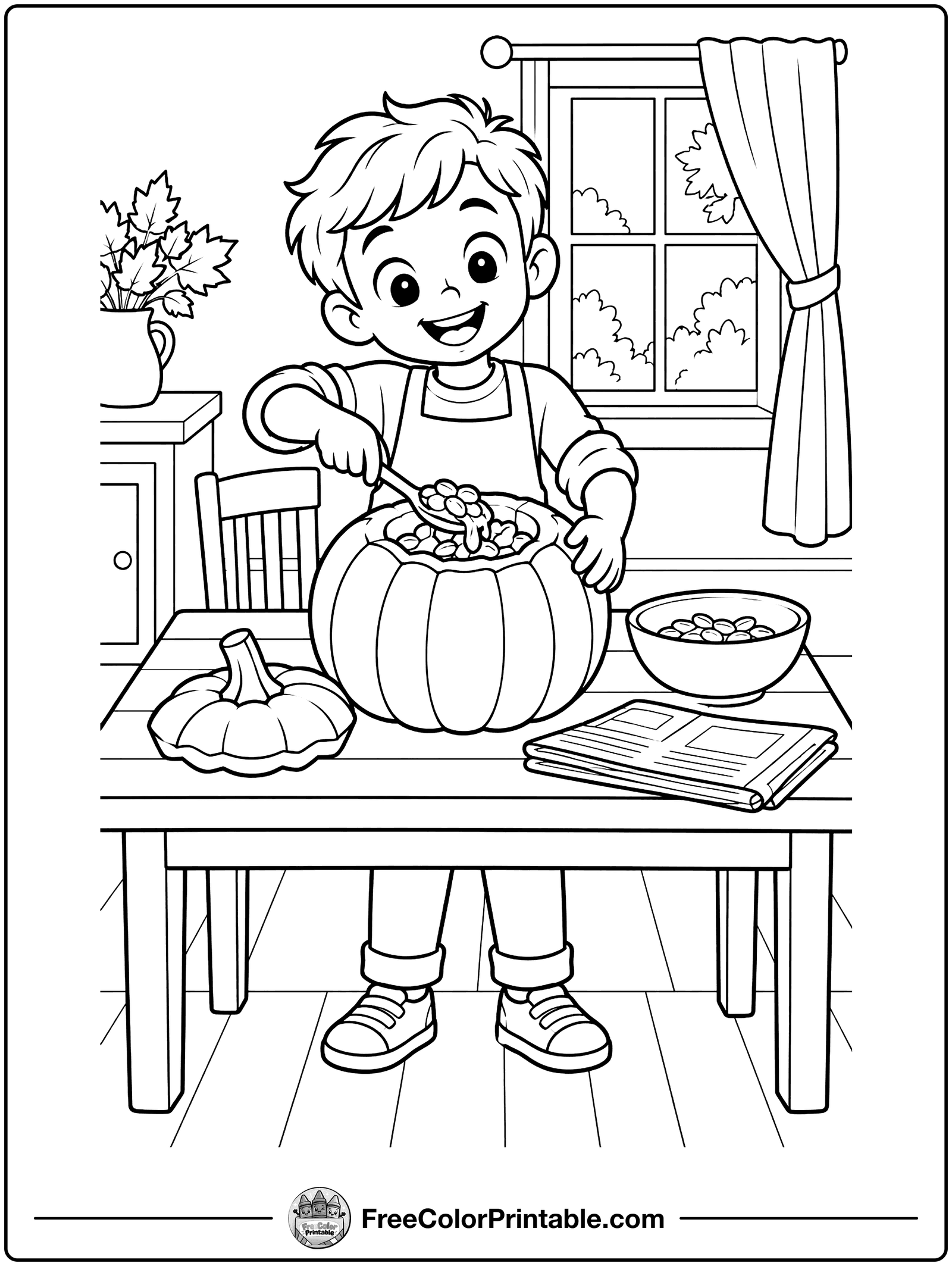 Kid Scooping Pumpkin Seeds Coloring Page — free color printable