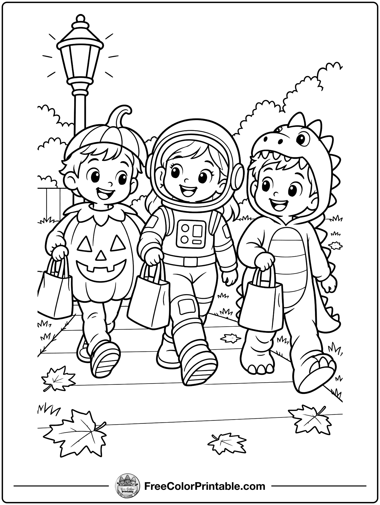 Kids in Costumes Trick-or-Treating Coloring Page — free color printable