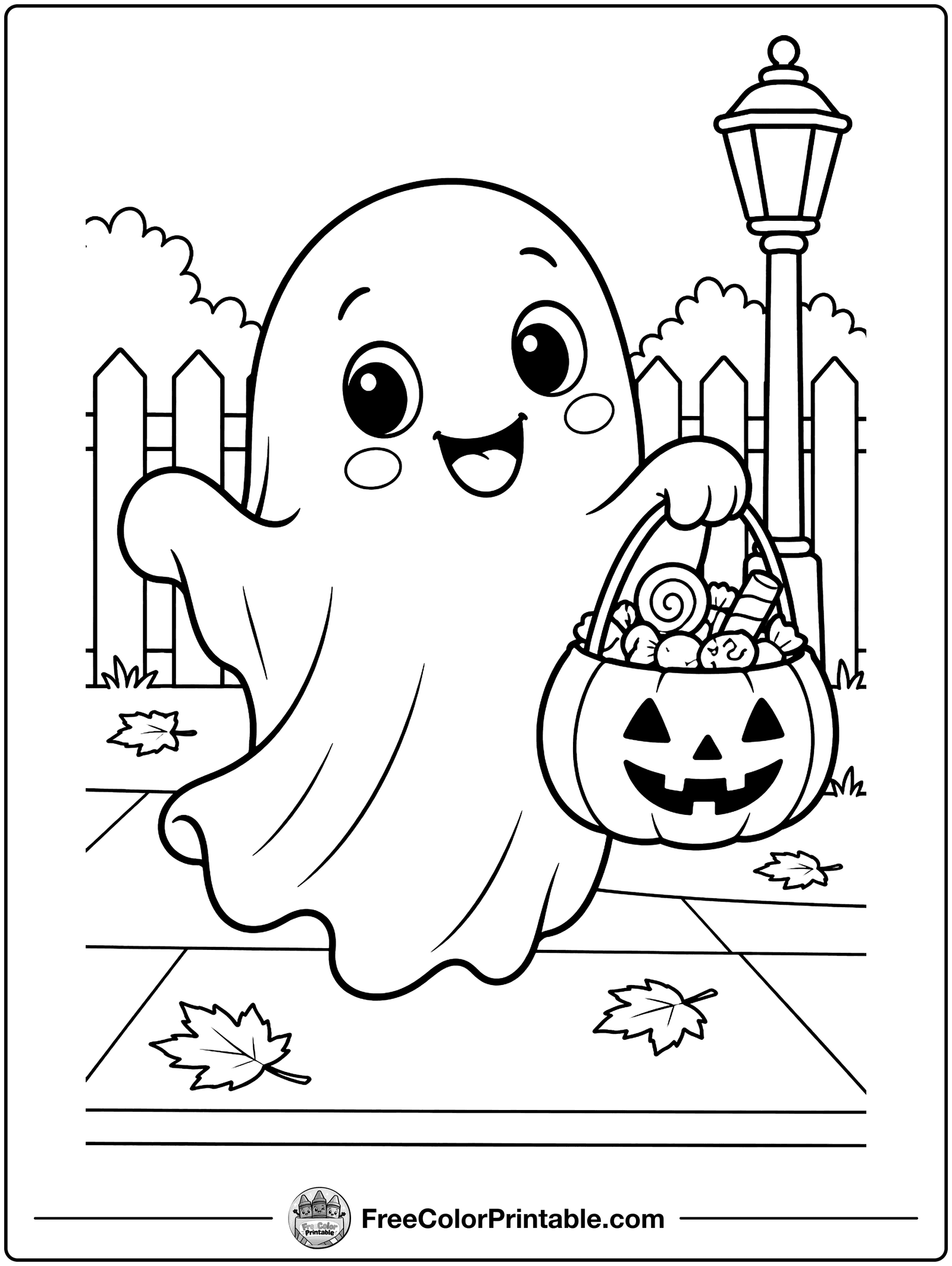 Little Ghost Trick-or-Treating Coloring Page — free color printable