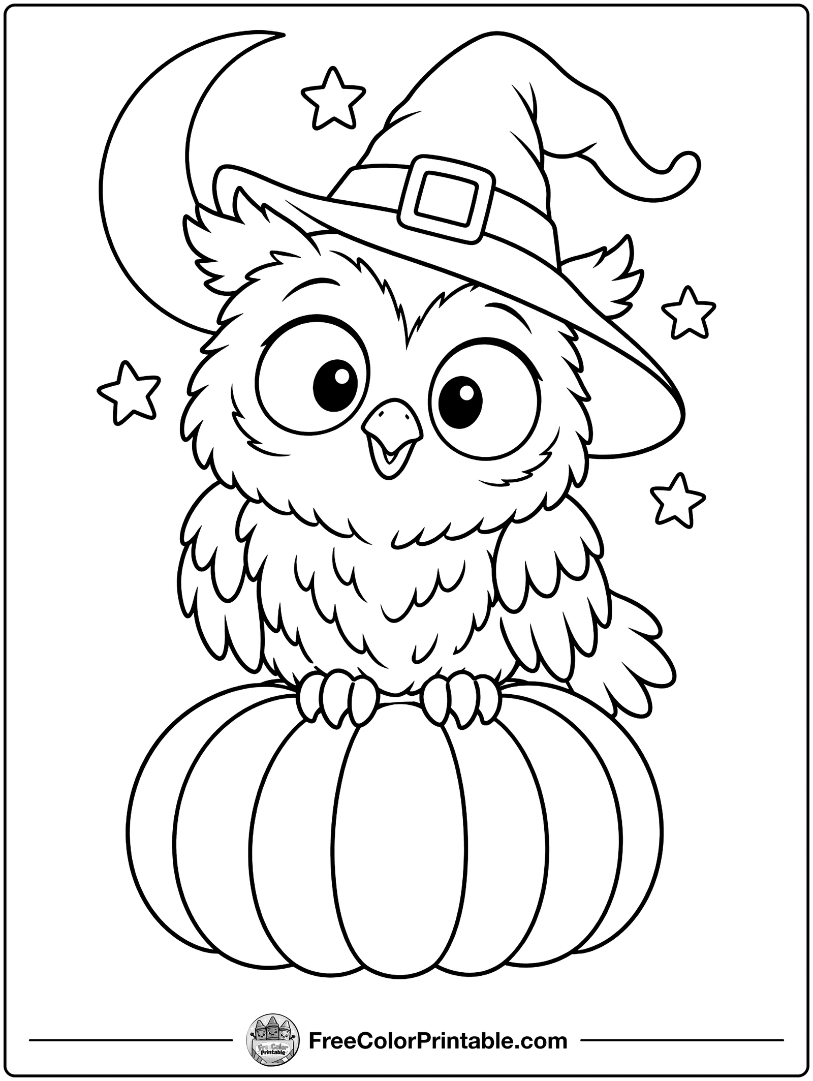 Owl in a Witch Hat Coloring Page — free color printable