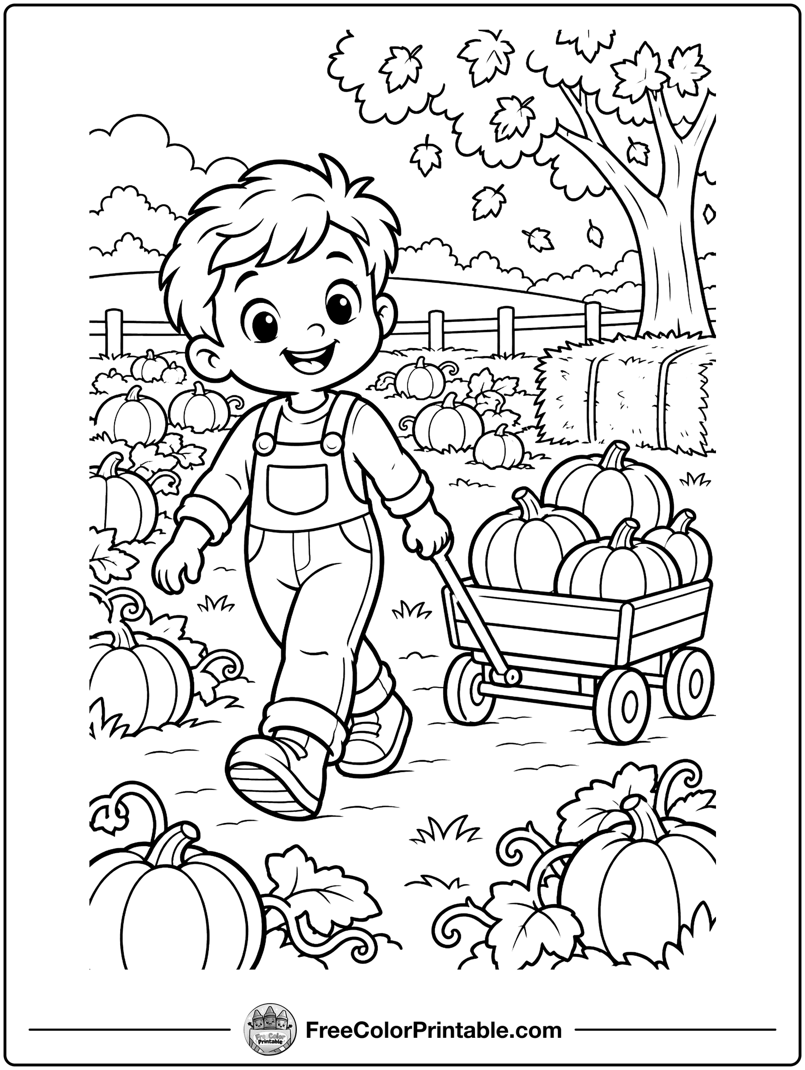 Kid Pulling a Pumpkin Wagon Coloring Page — free color printable