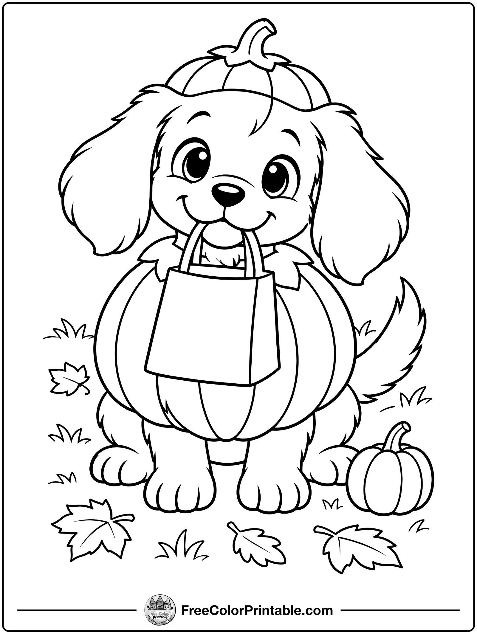 Puppy in a Pumpkin Costume Coloring Page — free color printable