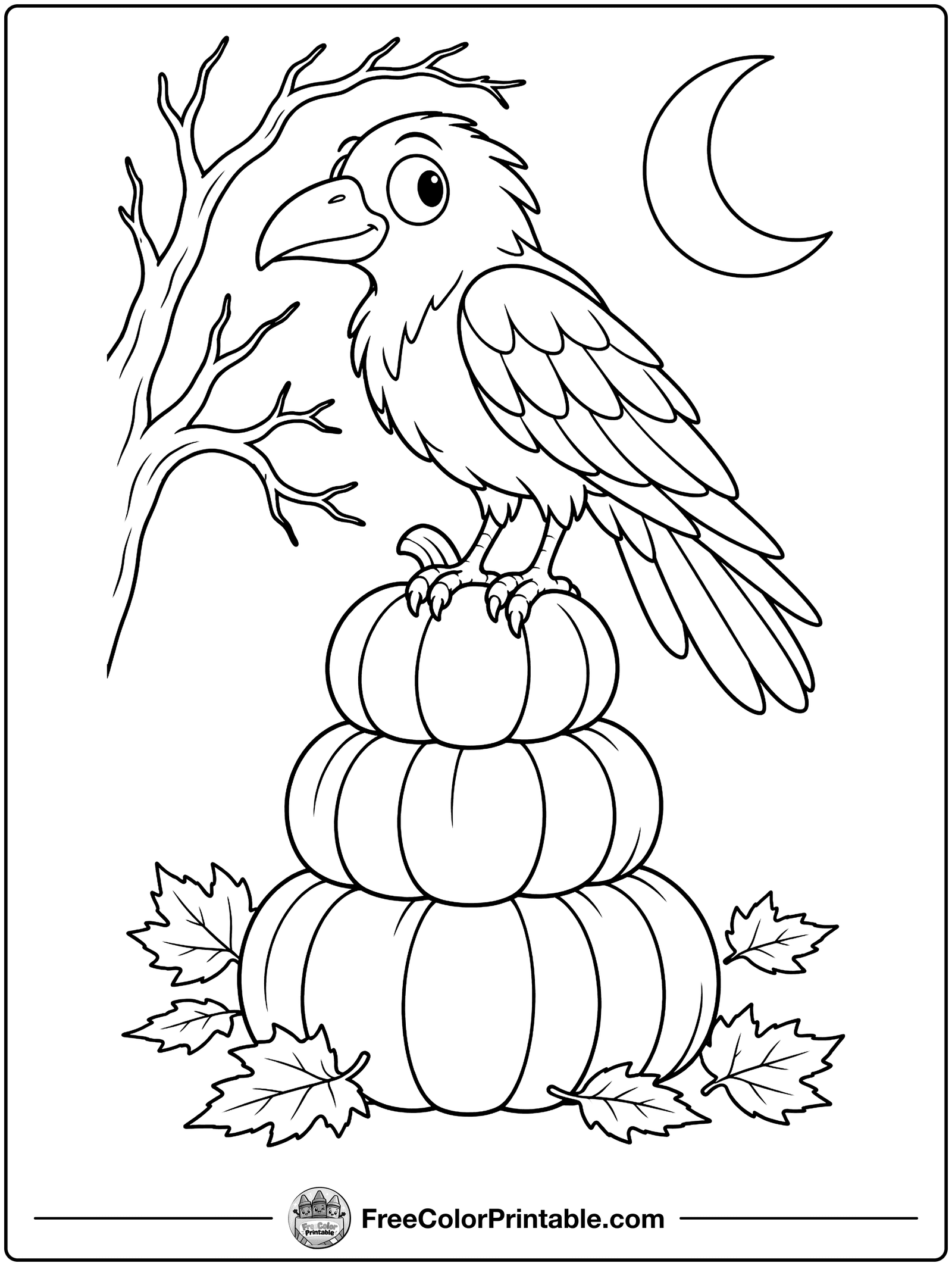 Raven on Stacked Pumpkins Coloring Page — free color printable
