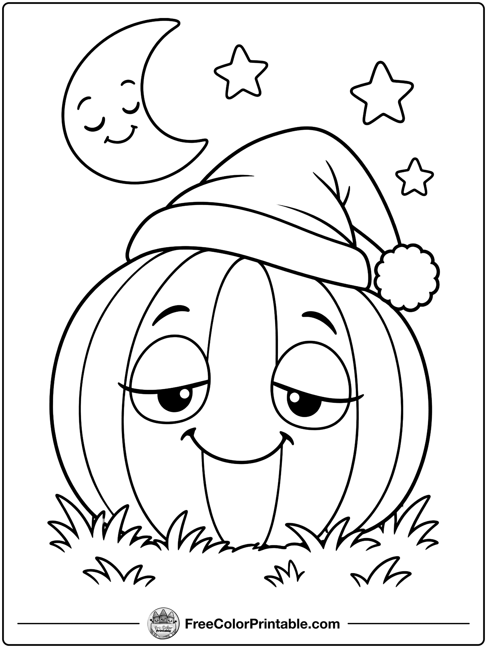 Sleepy Pumpkin and Moon Coloring Page — free color printable