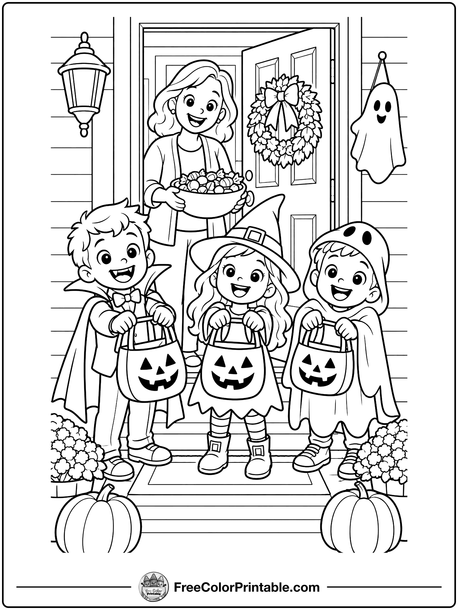 Trick-or-Treat at the Door Coloring Page — free color printable