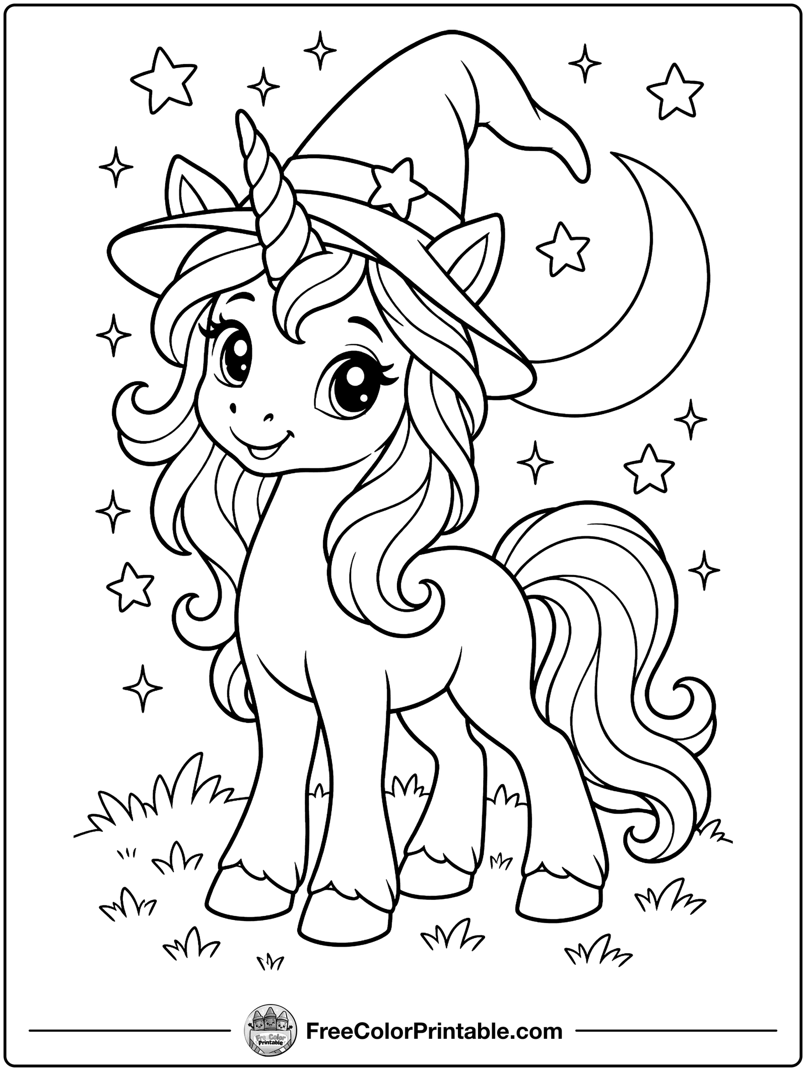Unicorn in a Witch Hat Coloring Page — free color printable
