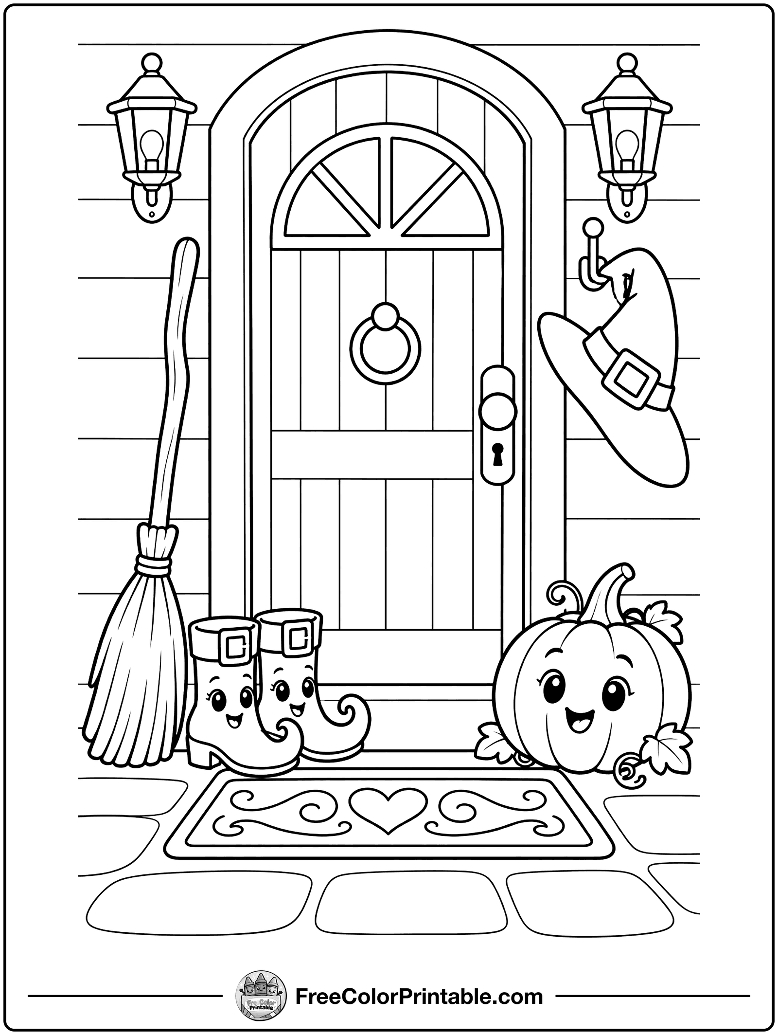 Witch Boots and Broom Coloring Page — free color printable