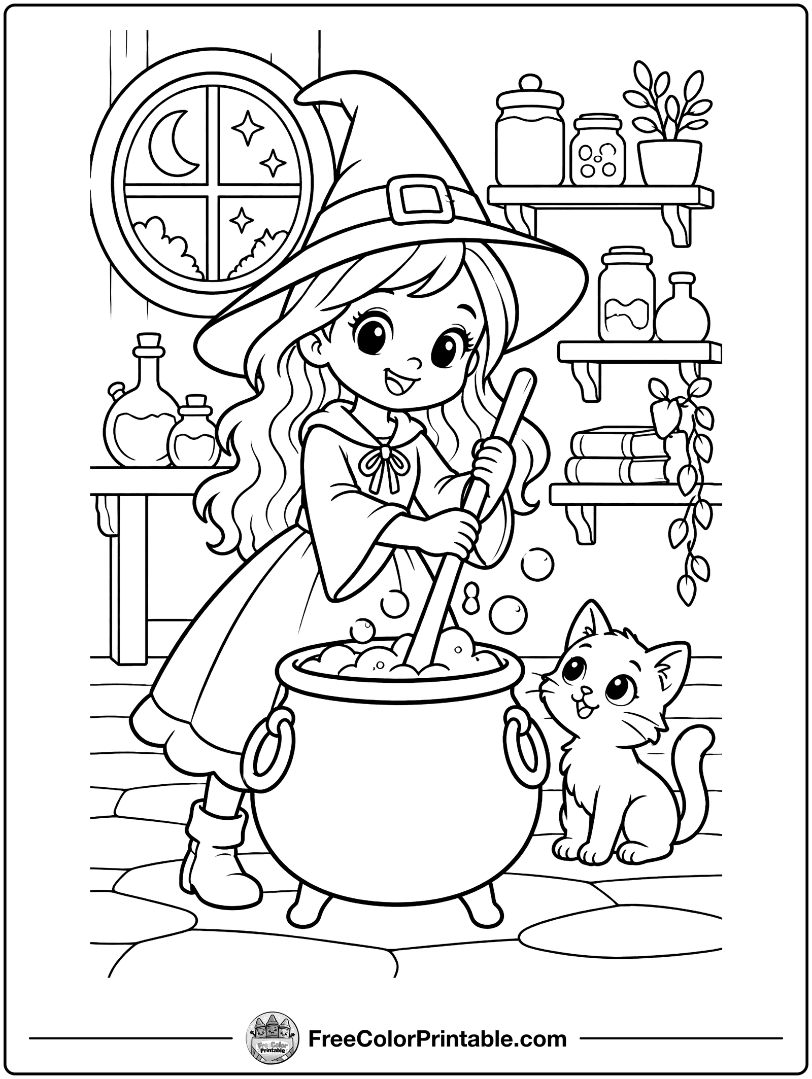 Witch Brewing a Potion Coloring Page — free color printable