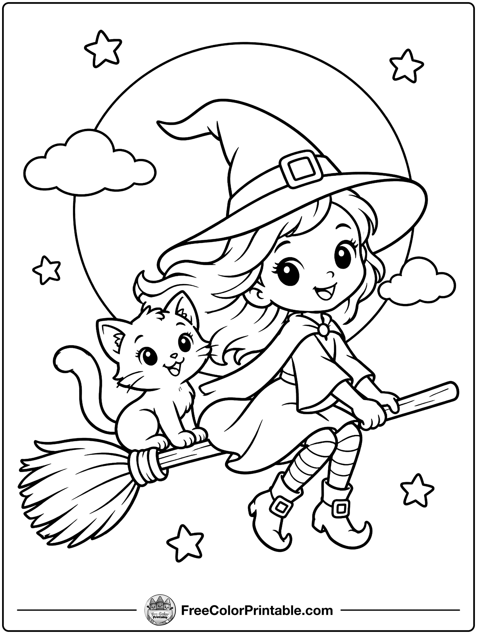 Young Witch on a Broom Coloring Page — free color printable