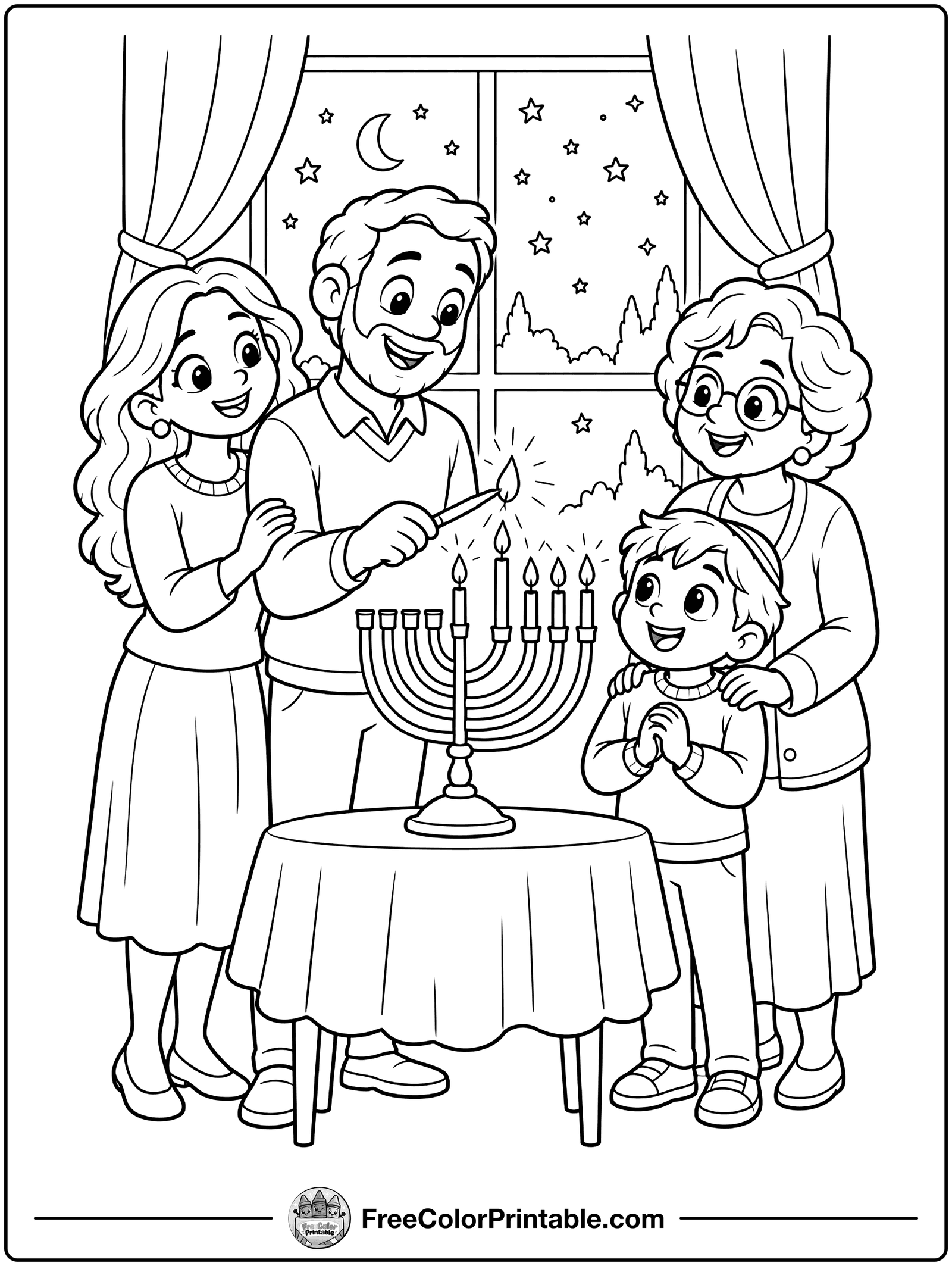Family Lighting the Menorah Coloring Page — free color printable