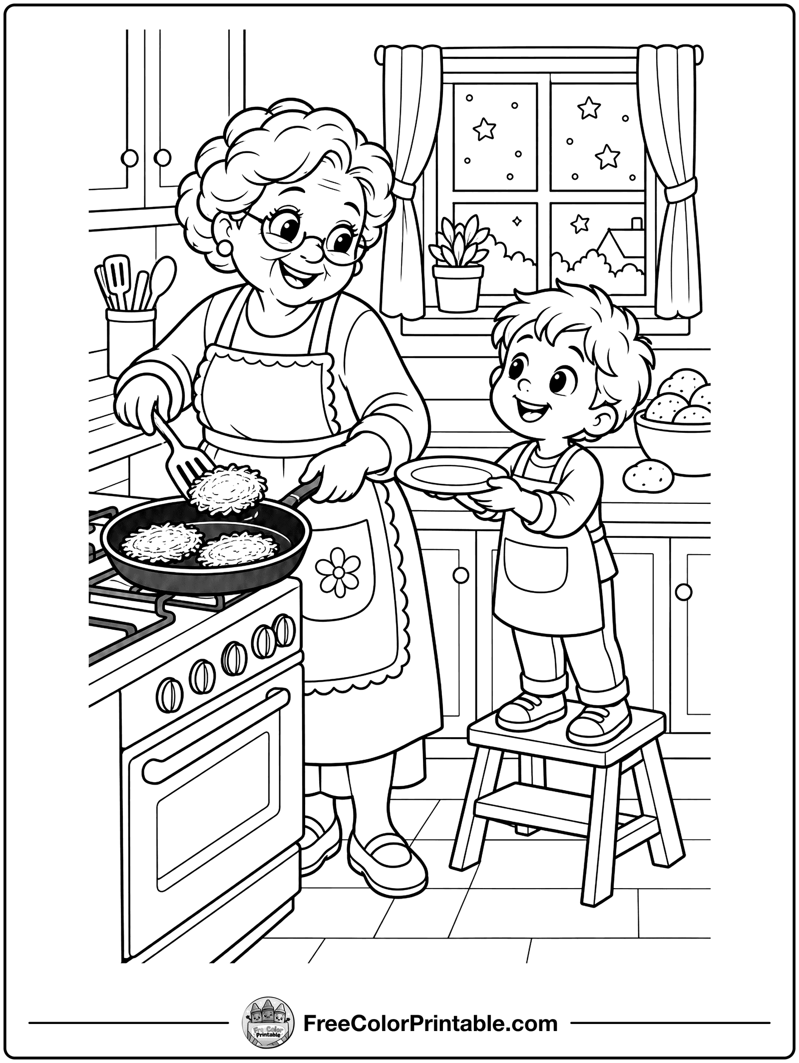 Grandma Frying Latkes Coloring Page — free color printable