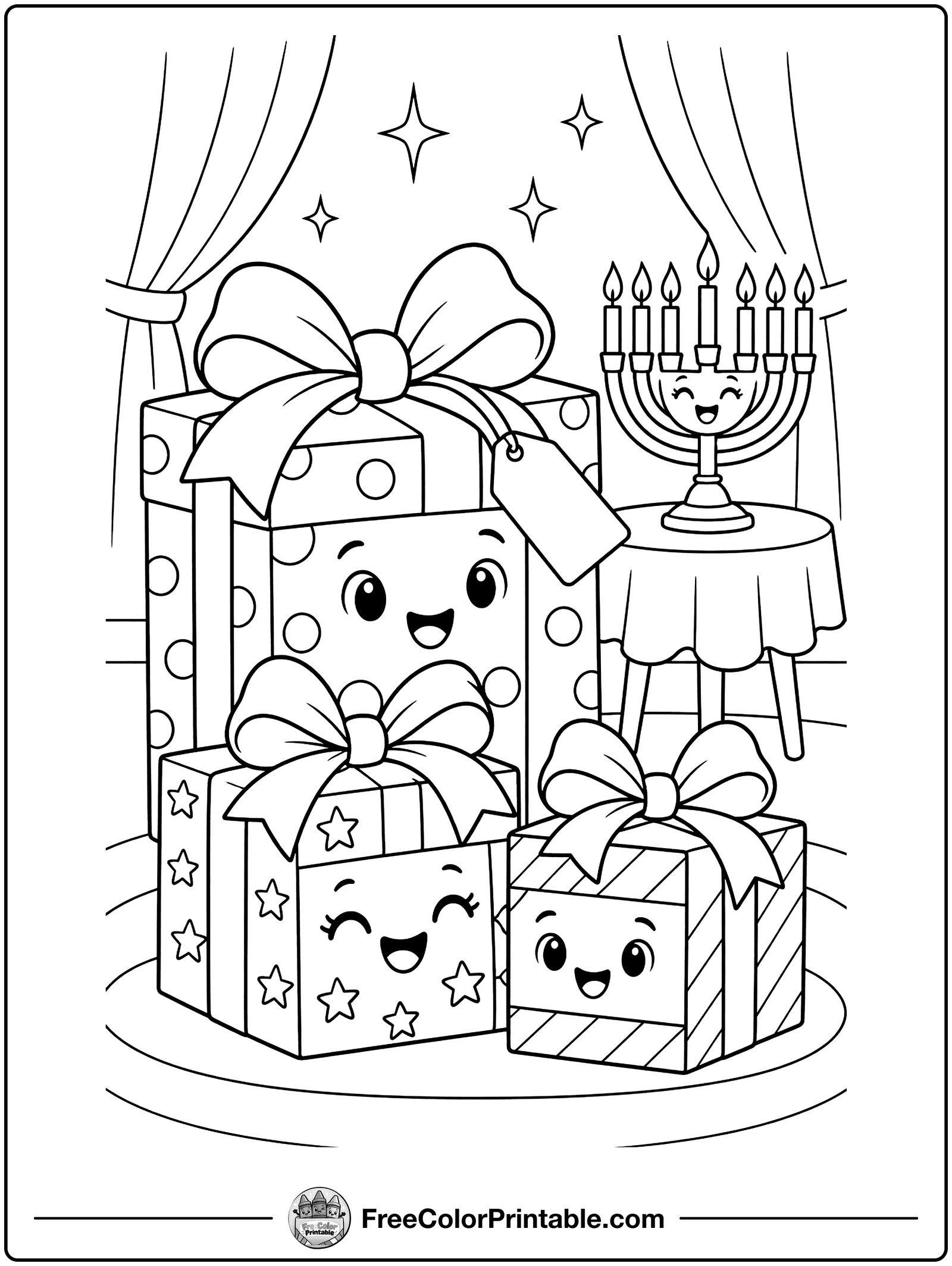 Hanukkah Gifts Coloring Page — free color printable