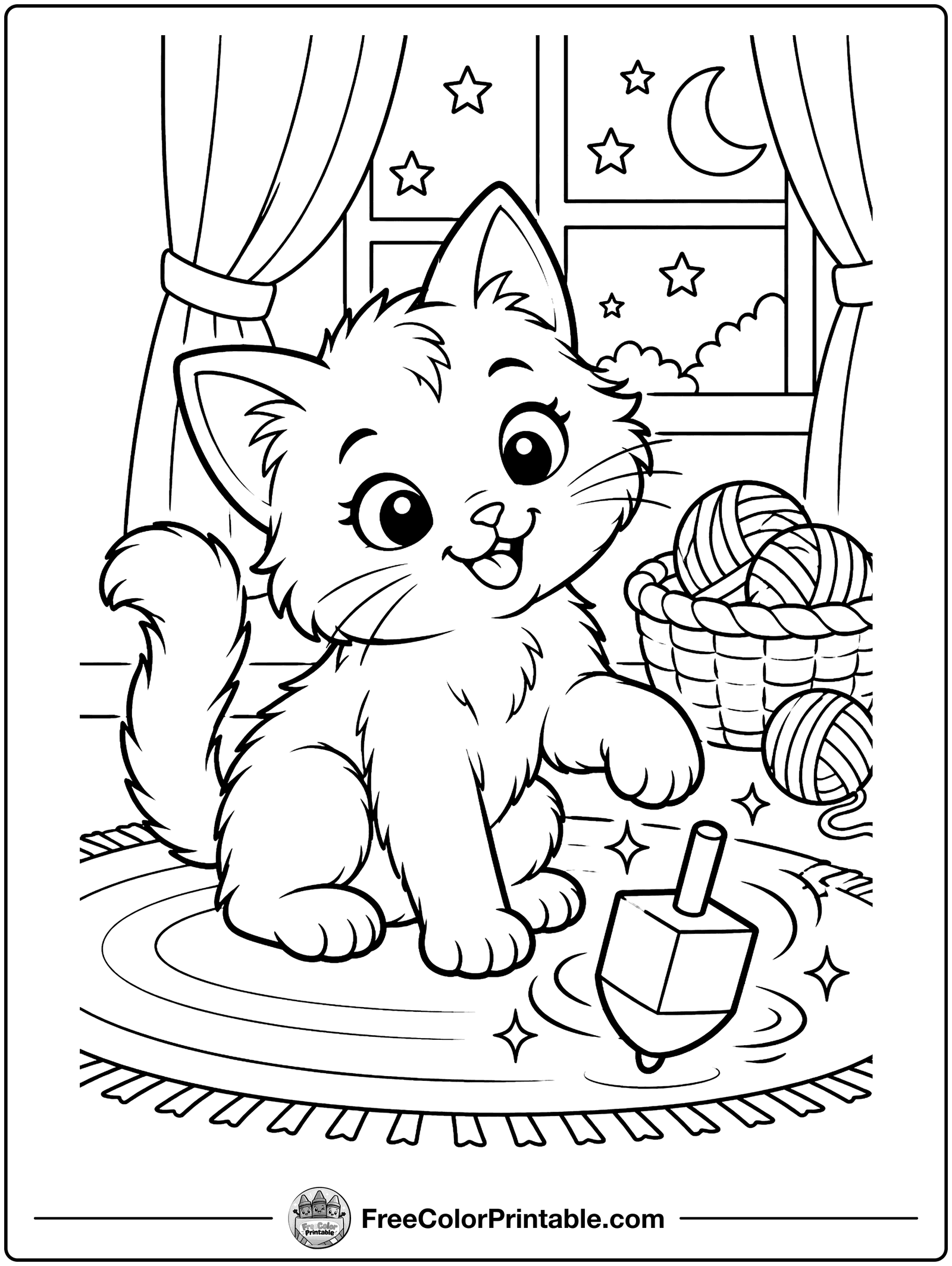 Kitten and the Dreidel Coloring Page — free color printable