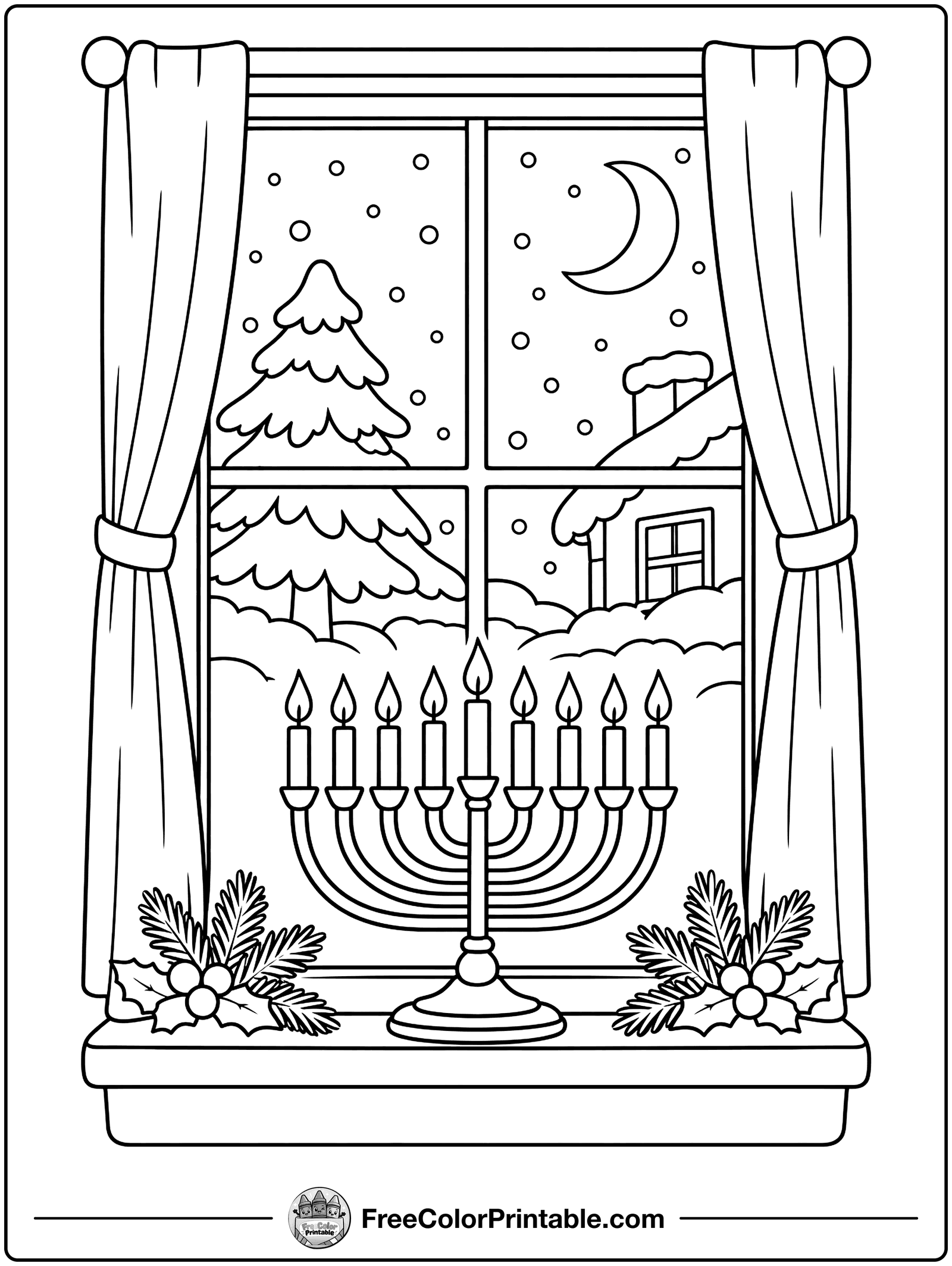 Menorah in the Snowy Window Coloring Page — free color printable